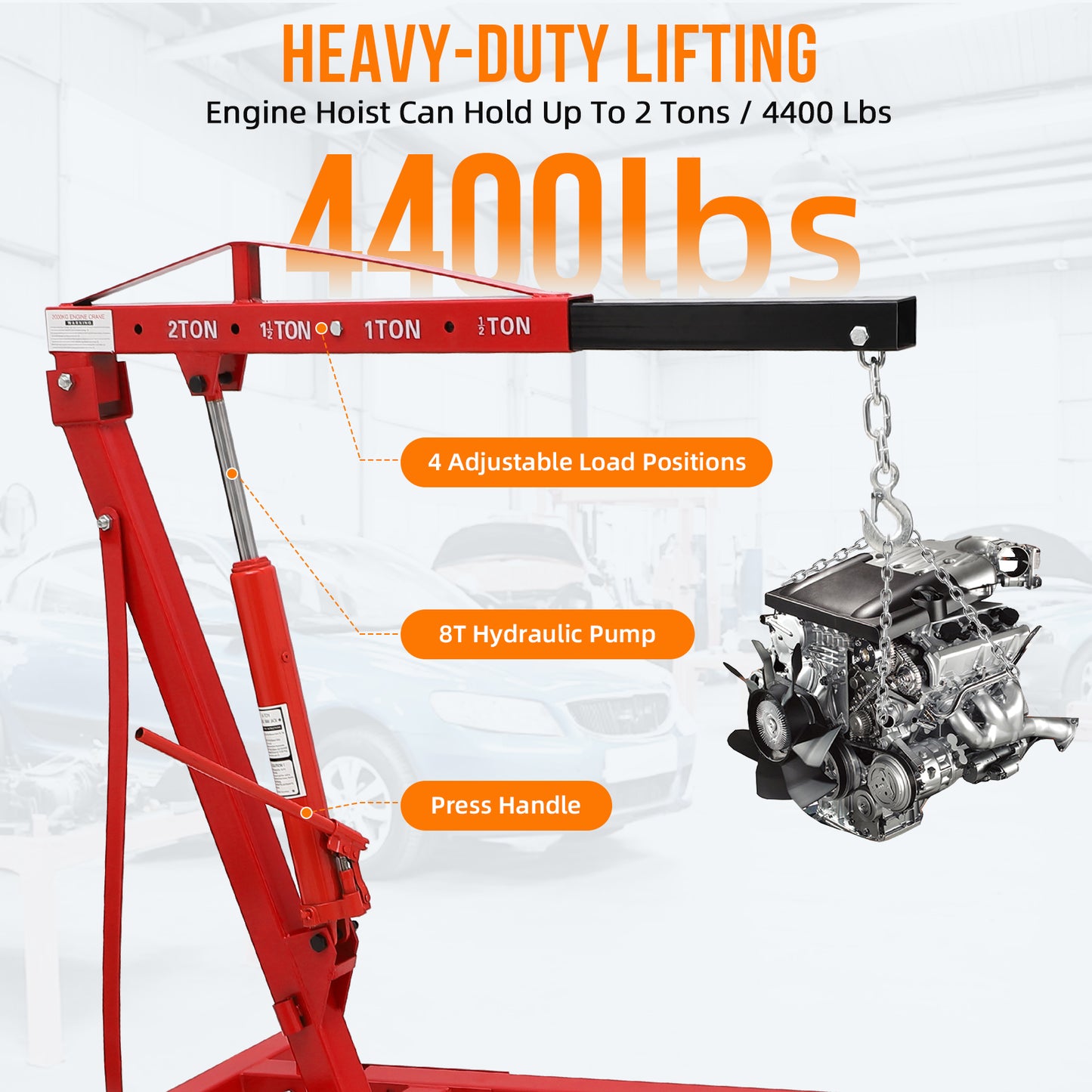 Riedhoff Hydraulic Engine Hoist, 2 Ton Max, Cherry Picker, 4400 lbs, Red