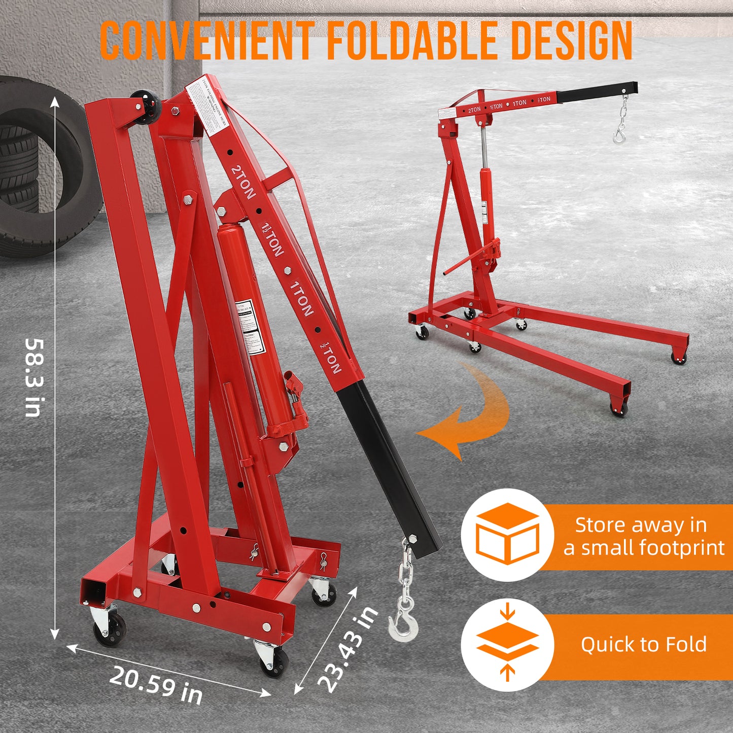 Riedhoff Hydraulic Engine Hoist, 2 Ton Max, Cherry Picker, 4400 lbs, Red