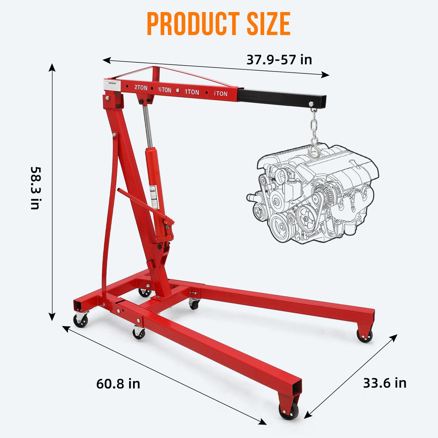 Riedhoff Hydraulic Engine Hoist, 2 Ton Max, Cherry Picker, 4400 lbs, Red
