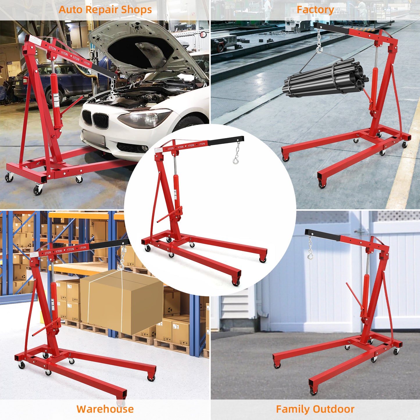 Riedhoff Hydraulic Engine Hoist, 2 Ton Max, Cherry Picker, 4400 lbs, Red