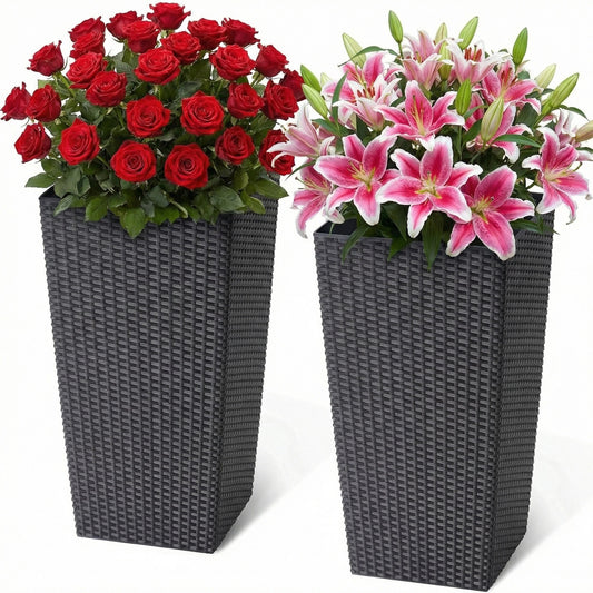 Garvee 22.5" Tall Planter Pots Set of 2, Rattan style, 2 Trays, Water Level Monitor, Wheels, Black