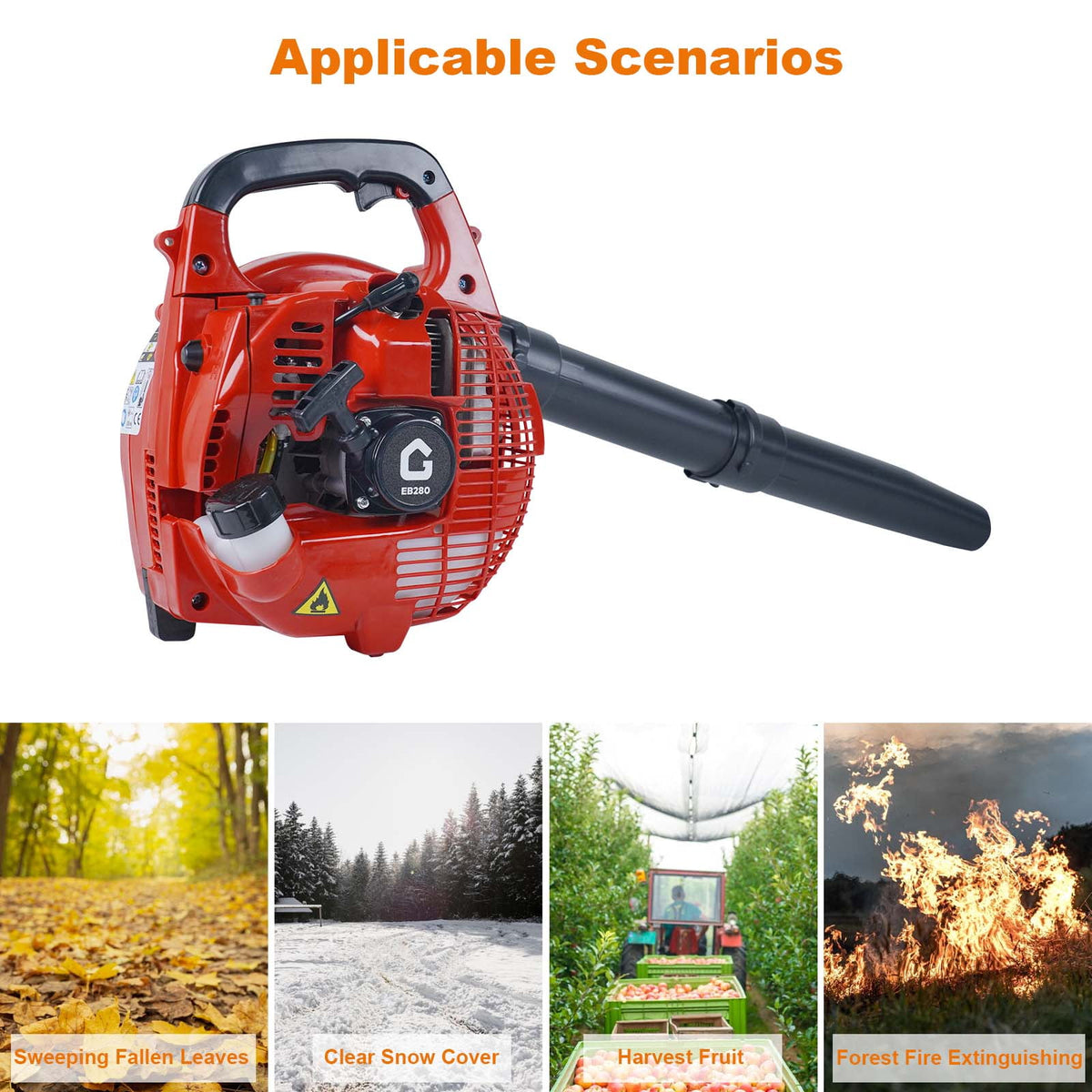 Riedhoff Handheld Gas Leaf Blower 28 CC, 1.1 HP, 490 CFM, 180 mph, for Lawn Care, Red