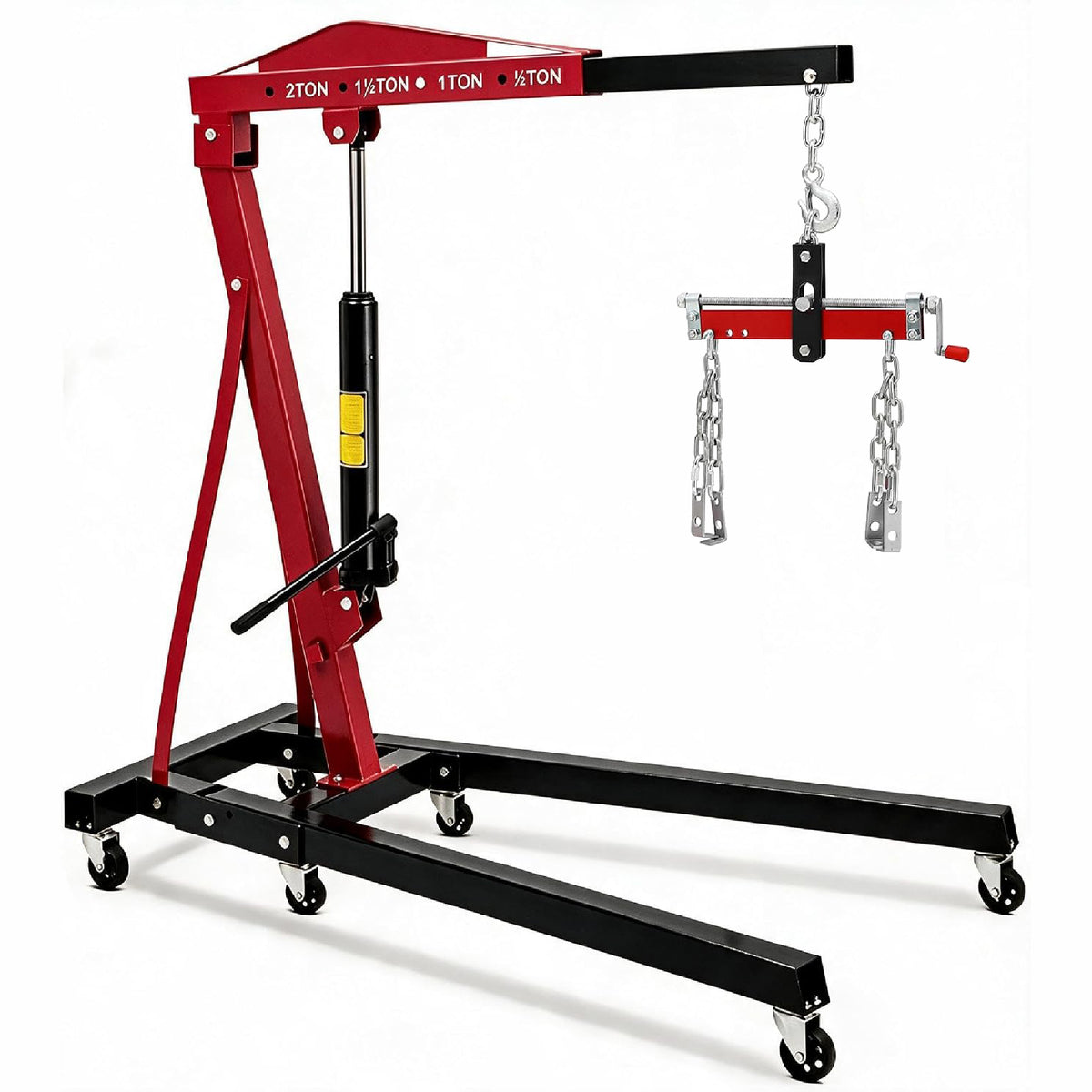 Riedhoff Folding Engine Hoist, Cherry Picker with Lever & 6 Casters, 2 Ton Max, Red & Black