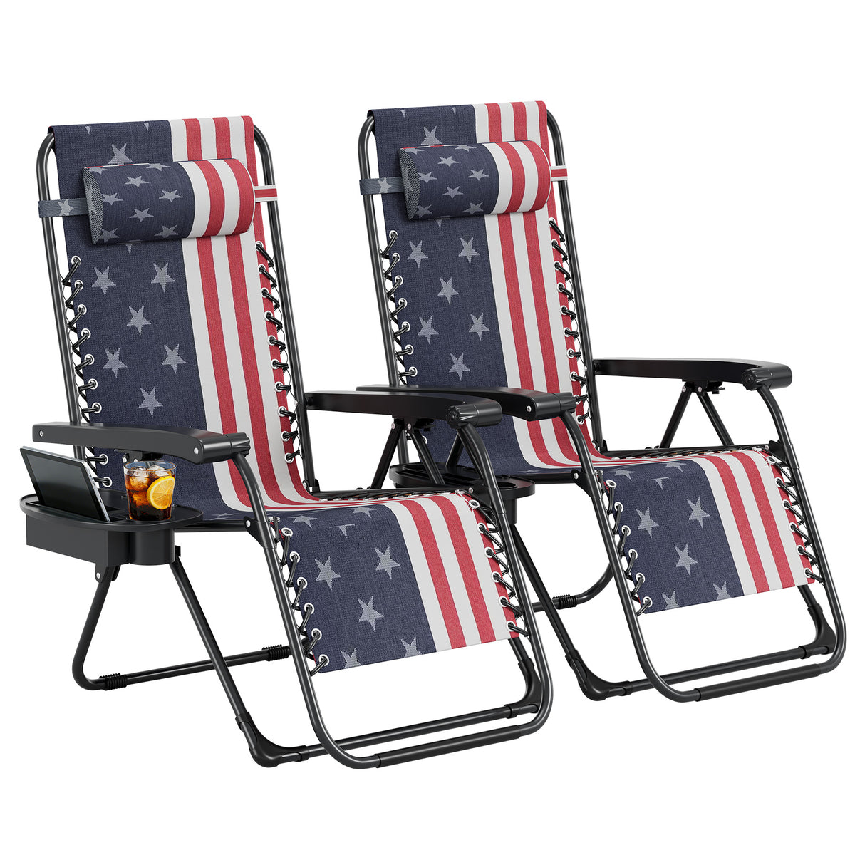 Riedhoff Weather-Resistant Zero-Gravity Chairs with Pillows & Cup Holder Trays -Set of 2, American Flag