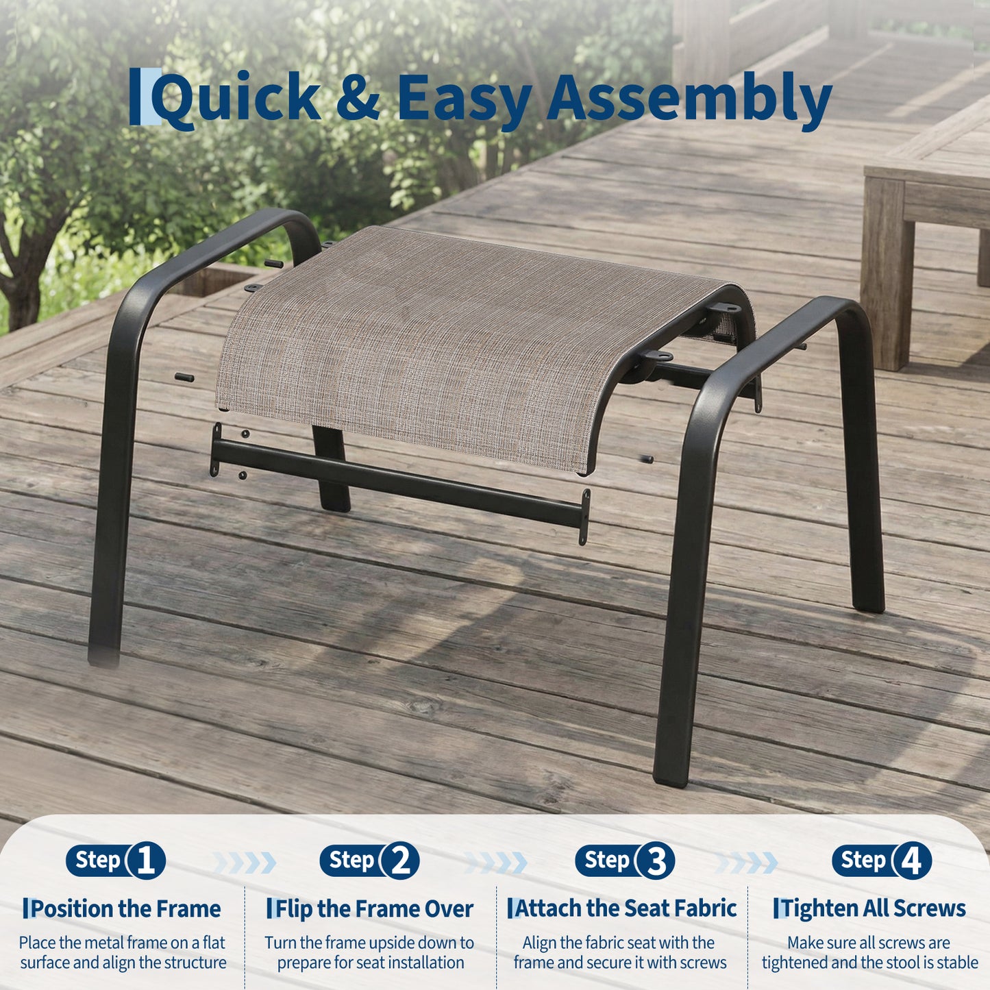 Garvee Stackable Outdoor Ottomans Set of 2,All-Weather Textilene Foot Stool with Metal Frame