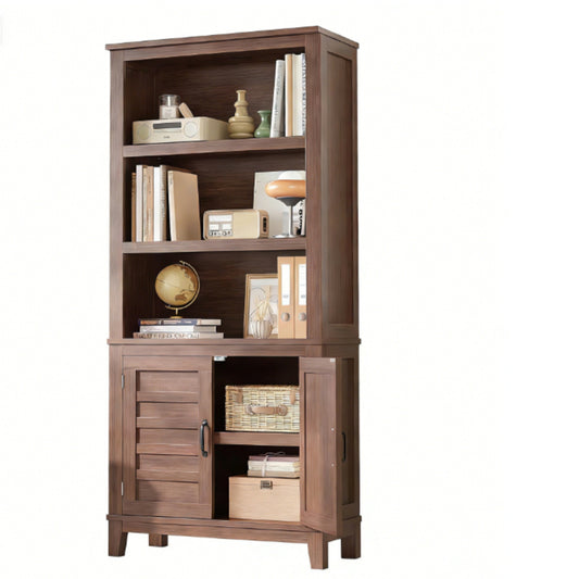 Garvee 5 Tier Farmhouse Bookcase 31.5 x 11.8 x 71.3", 2 Doors & 3 Adjustable Shelf, Brown