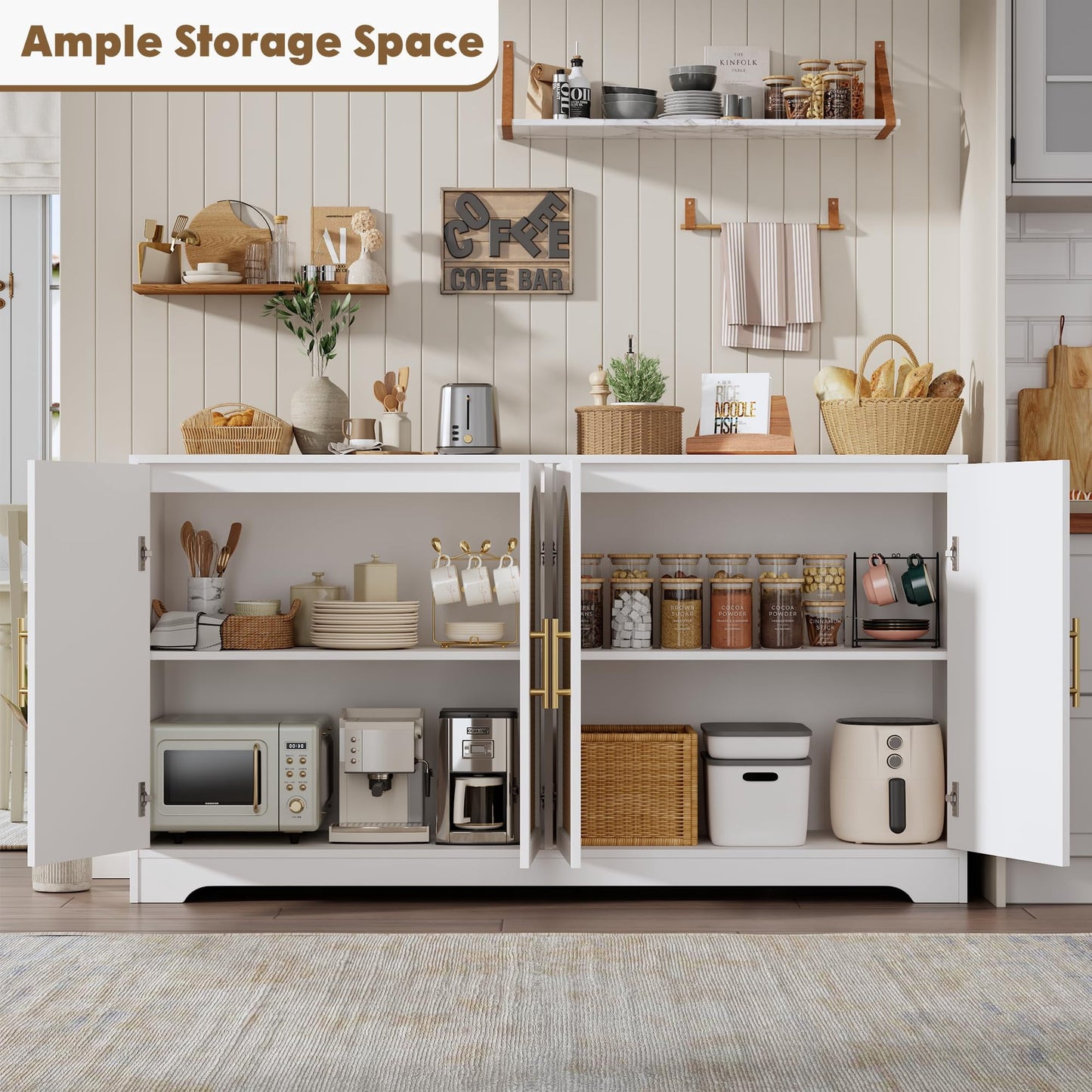 Goldensoil Storage Console Table,Sideboard Buffet Cabinet with 4 Rattan Doors, 59"x15.6"x31.5"