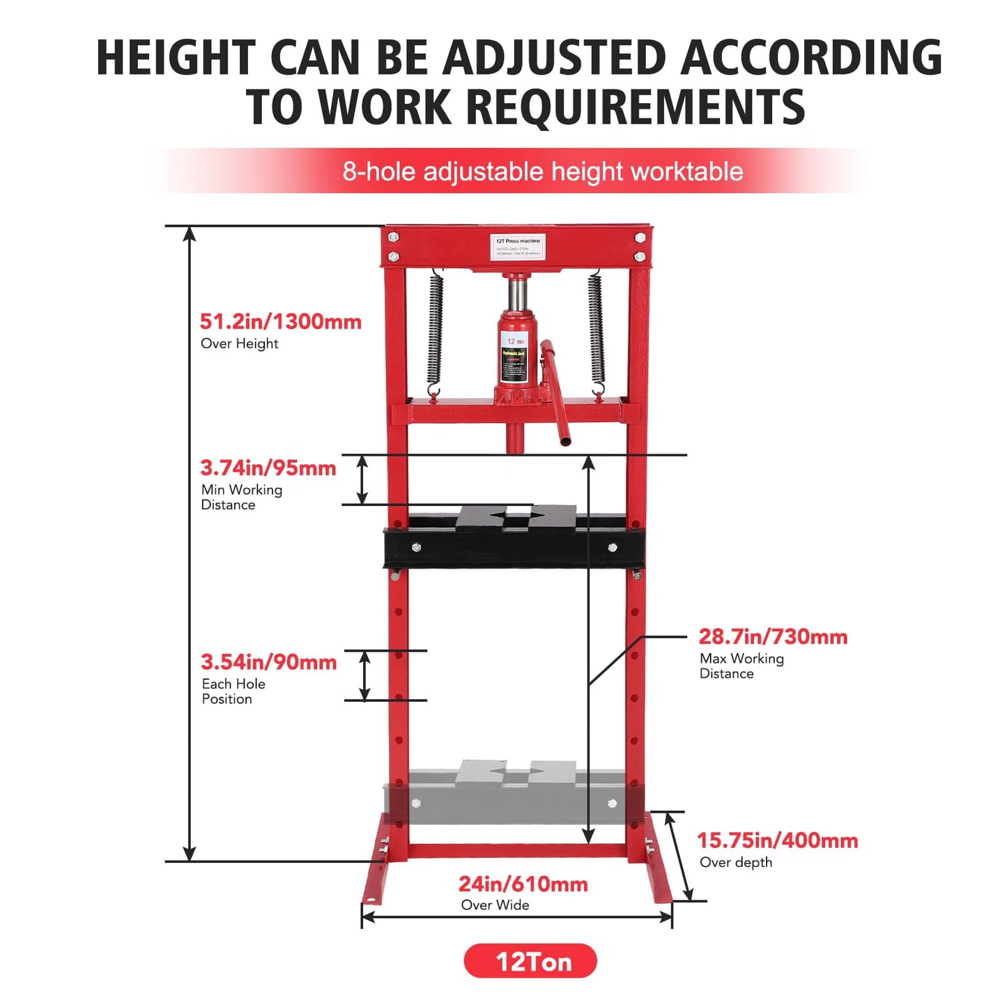 Goldensoil Hydraulic 12 Ton H-Frame Garage Floor Adjustable Shop Press with Plates for Car Repair,Red