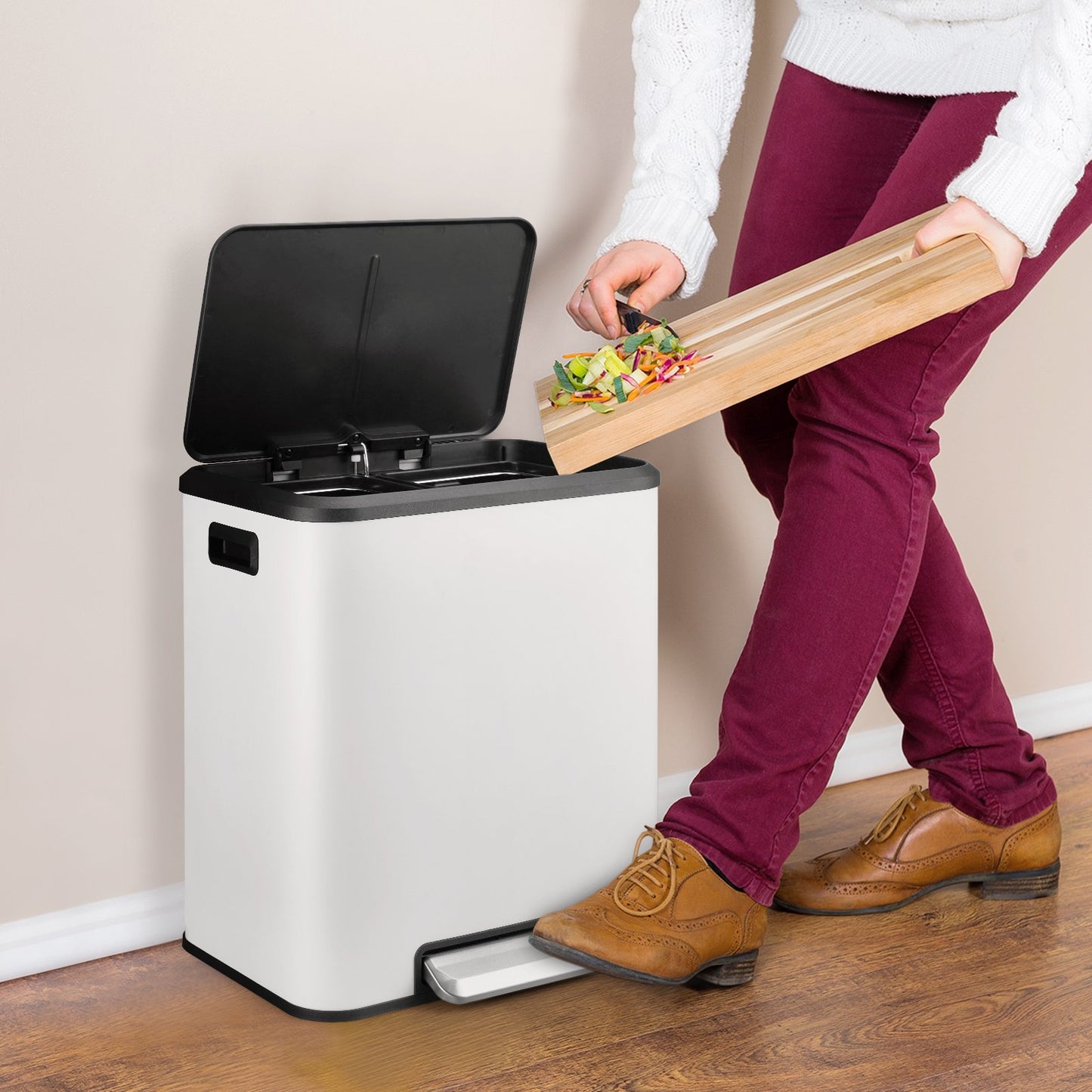 Goldensoil 7.93 Gallon Hands-Free Trash Can, Dual Compartment, with Soft-Close Lid, 2 Inner Buckets, White