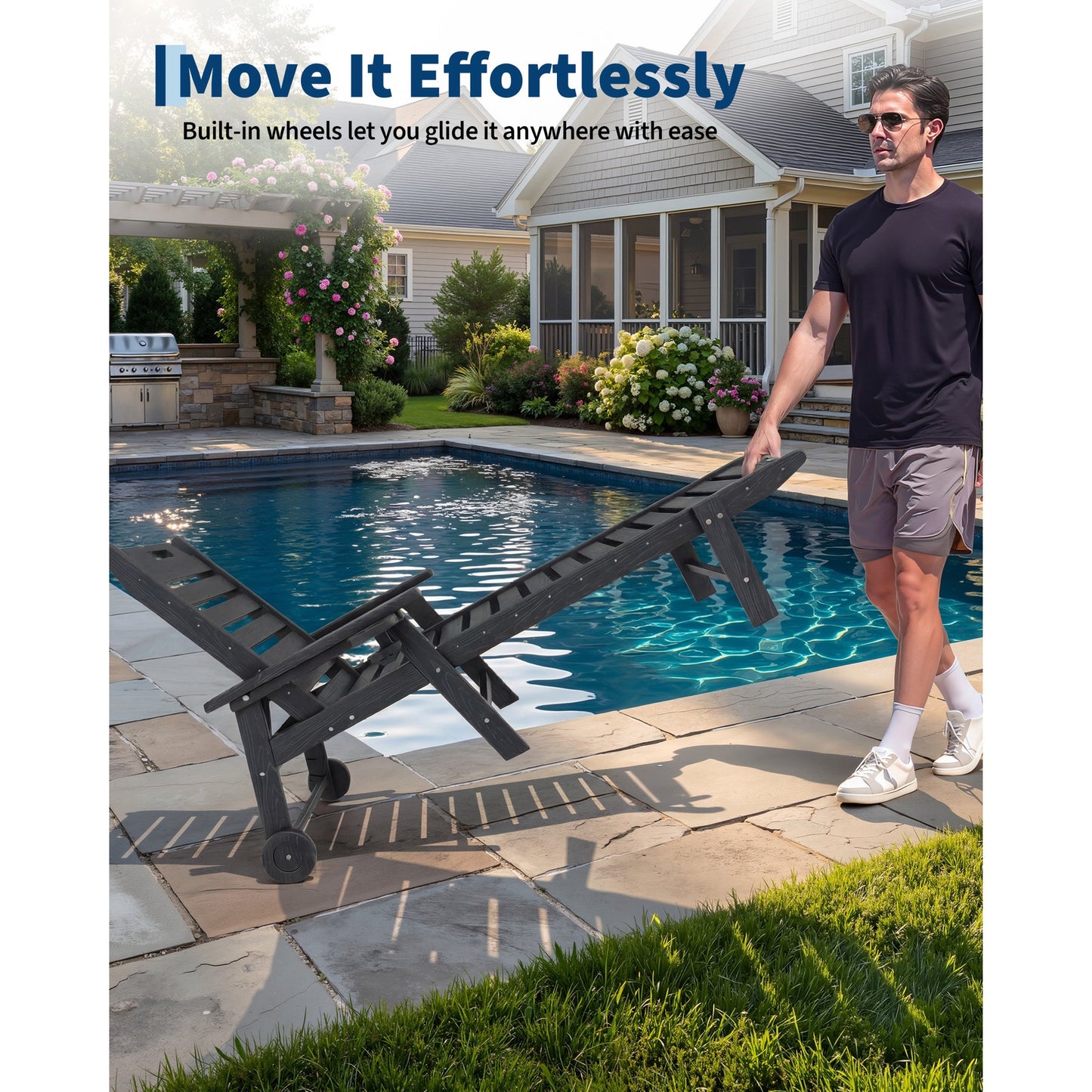 Garvee Outdoor Chaise Lounge 5 Position Adjustable with Rolling Wheels and Cup Holder