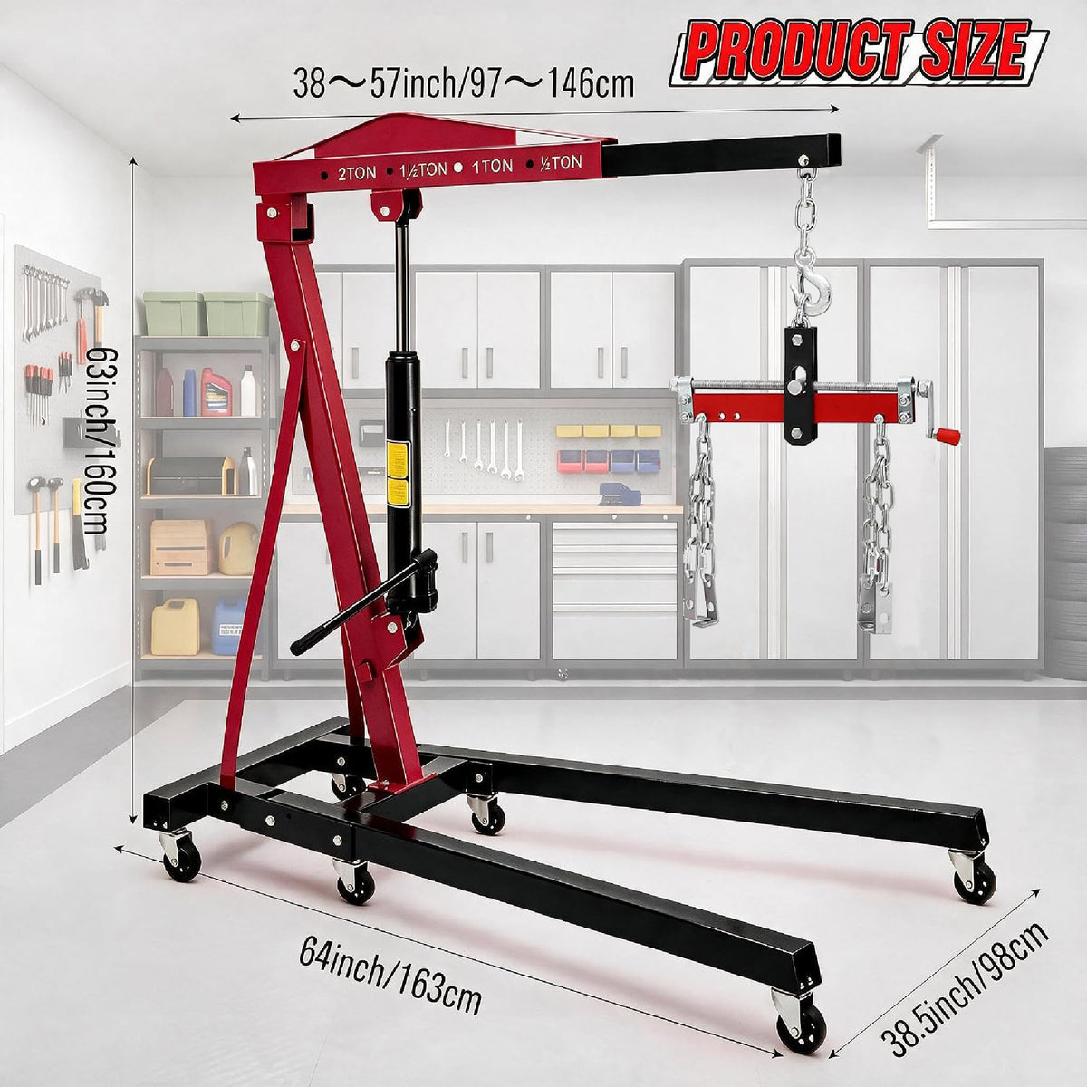 Riedhoff Folding Engine Hoist, Cherry Picker with Lever & 6 Casters, 2 Ton Max, Red & Black