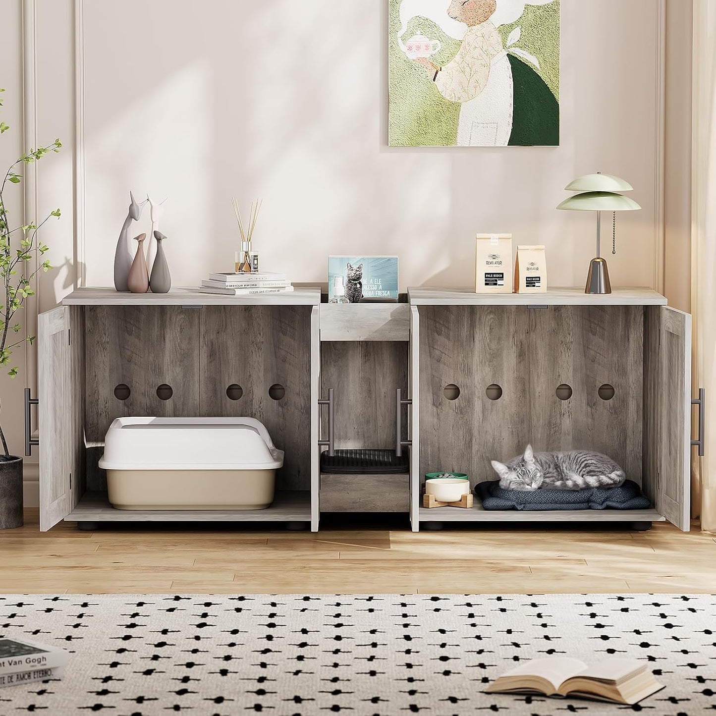 Garvee Litter Box, Enclosure with Double Room, for 2 Cats, 55 x 17.7x 22.5"
