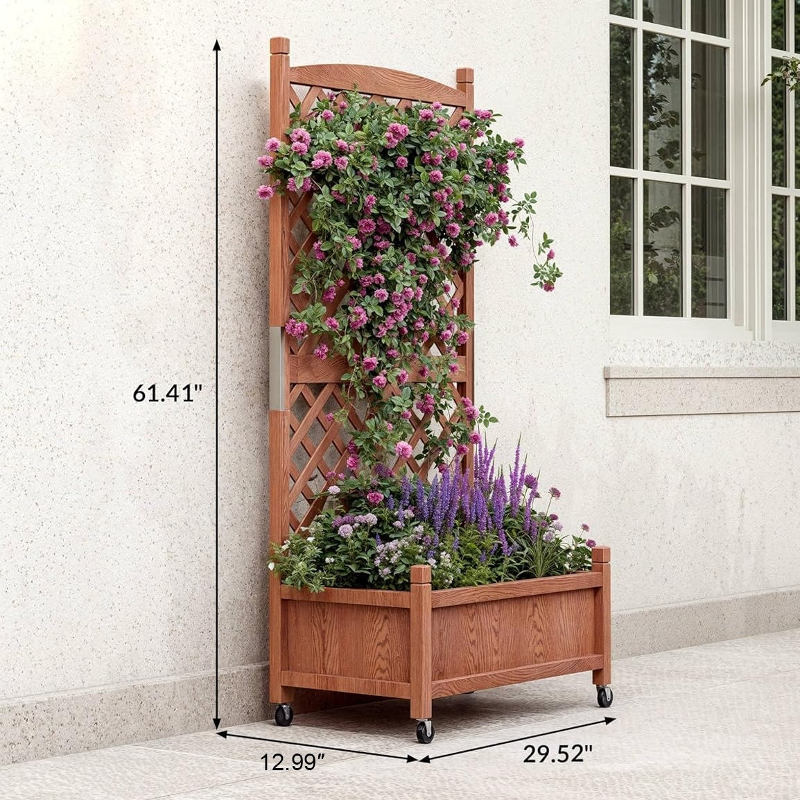 Garvee Cedar Garden Bed Set with Trellis, Drainage Holes & Wheels, 29.52 x 12.99 x 61.41 "