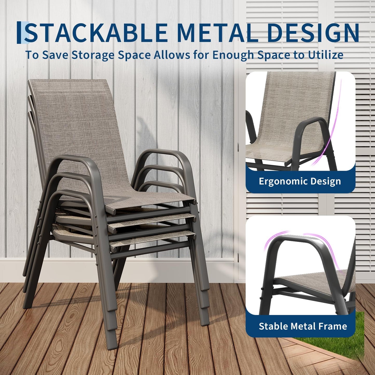 Garvee Stackable Patio Dining Chairs Set of 4, Metal and Textilene for Lawn Poolside