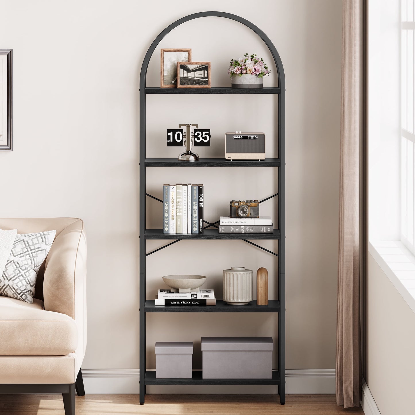 Goldensoil 5 Tier Bookcase, Arched Display Rack, Metal Frame, Modern Storage Rack Shelf, Black