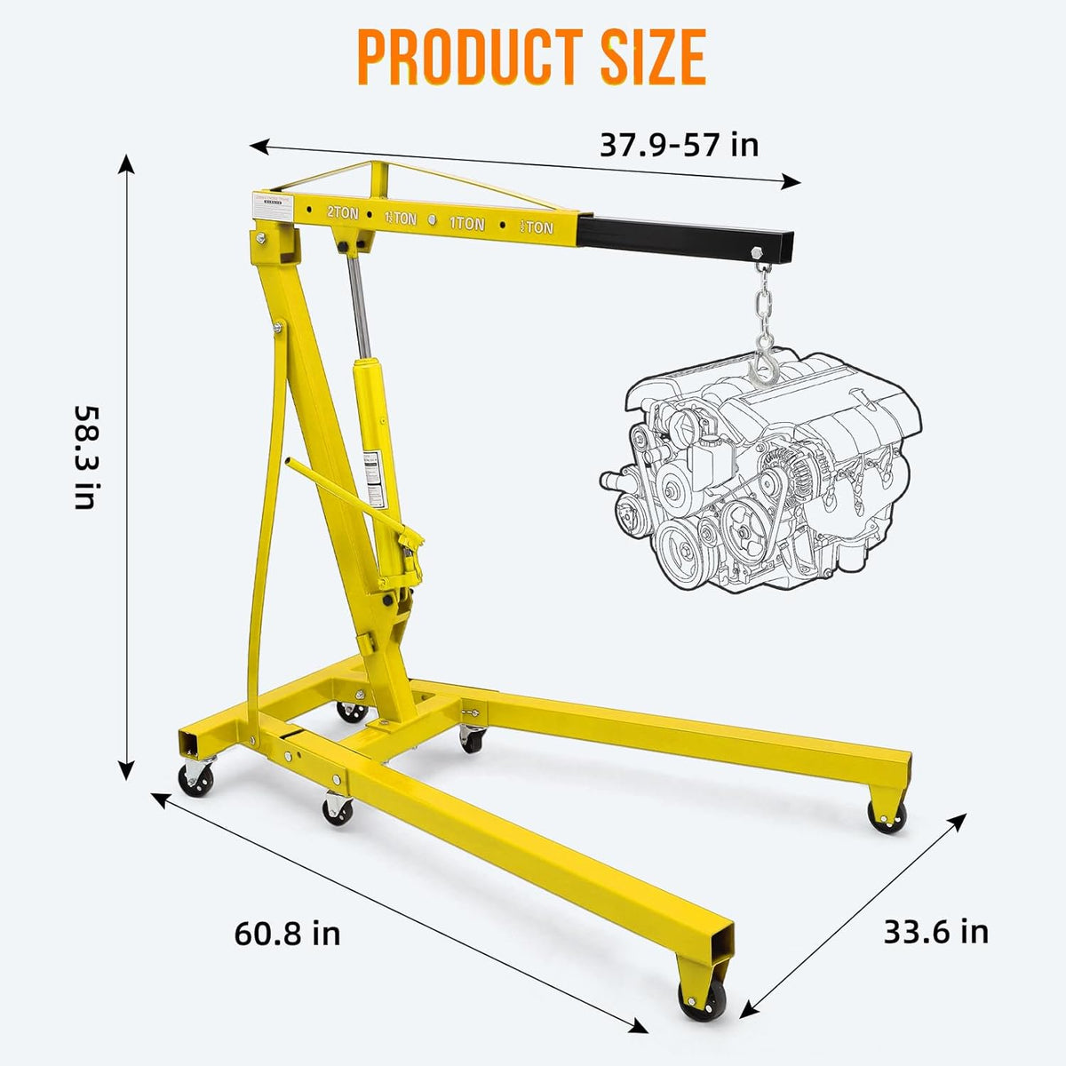 Riedhoff Steel Hydraulic Engine Hoist, 2 Ton Max, Cherry Picker, 4400 lbs, No Lever, Yellow