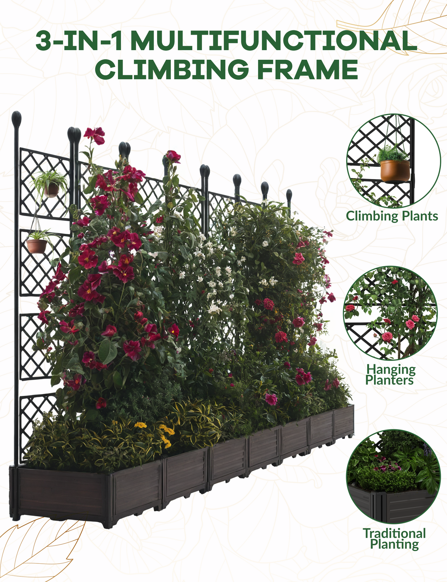 Riedhoff Planter Boxes Set with Trellises, 7 Planter Boxes & 7 Trellises, 115.74 x 16.2 x 62.99"