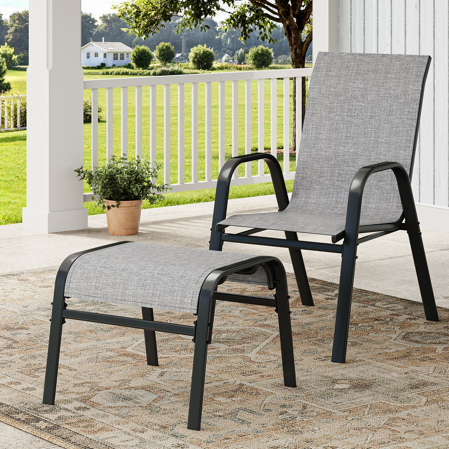 Garvee Stackable Outdoor Ottomans Set of 2,All-Weather Textilene Foot Stool with Metal Frame