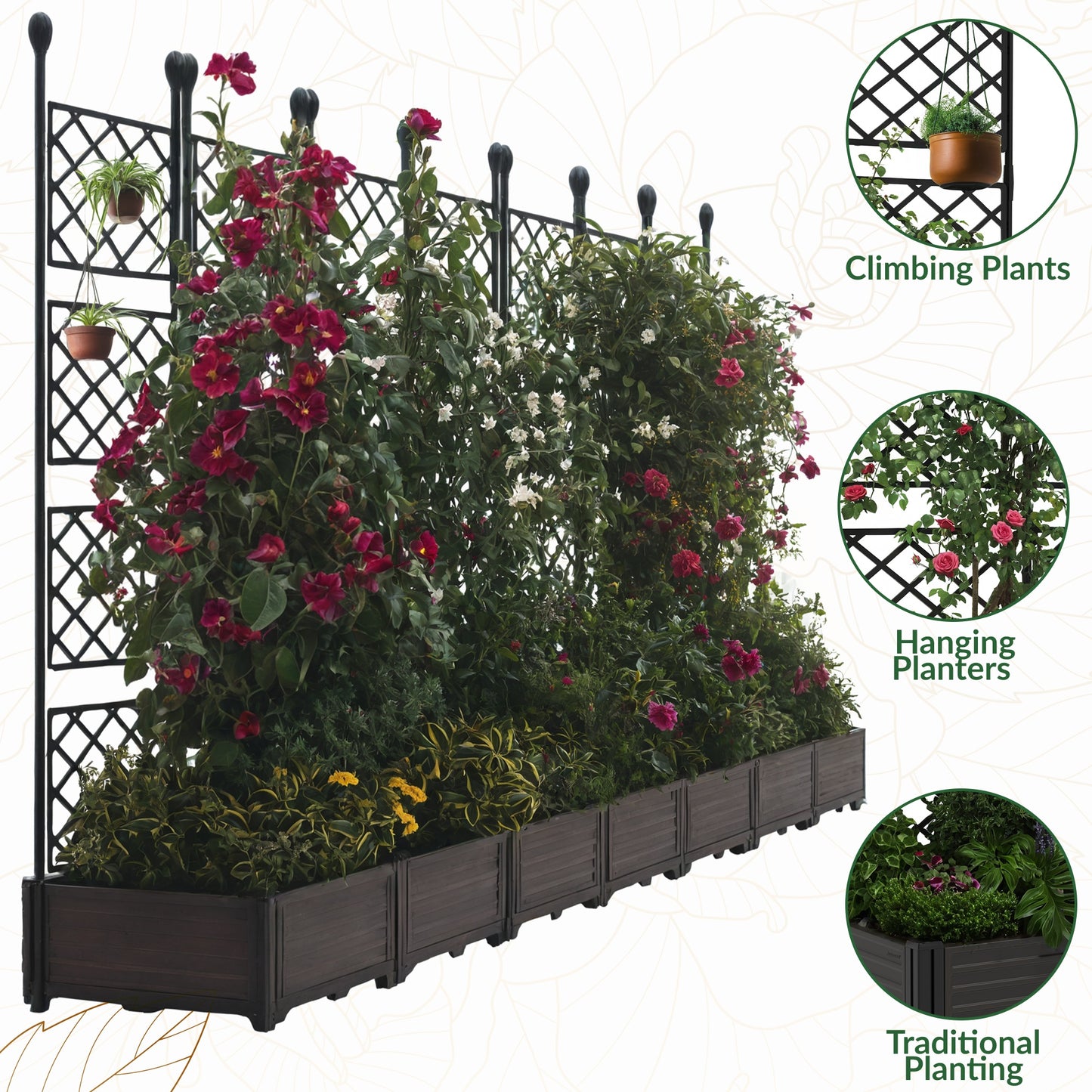 Riedhoff Planter Boxes Set with Trellises, 7 Planter Boxes & 7 Trellises, 115.74 x 16.2 x 62.99"