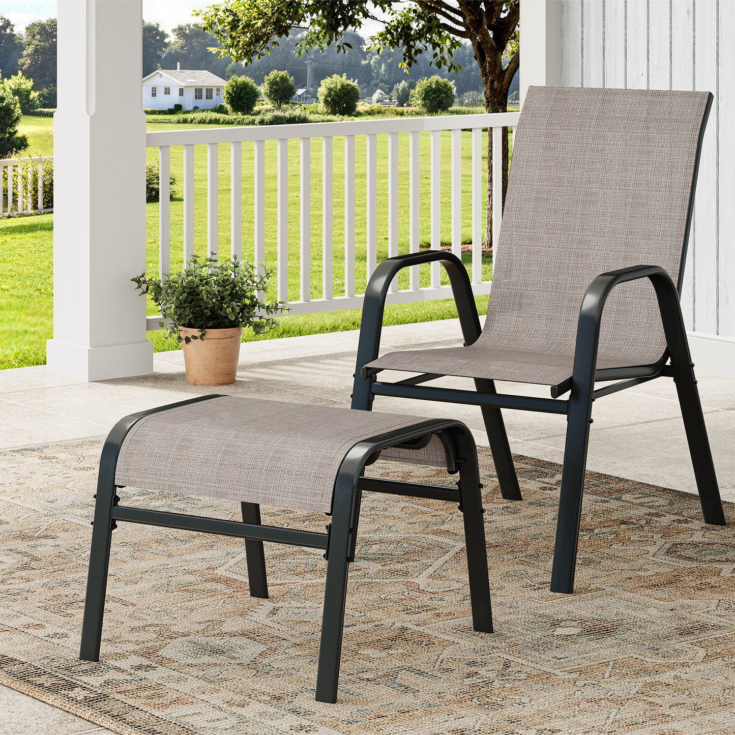 Garvee Stackable Outdoor Ottomans Set of 2,All-Weather Textilene Foot Stool with Metal Frame
