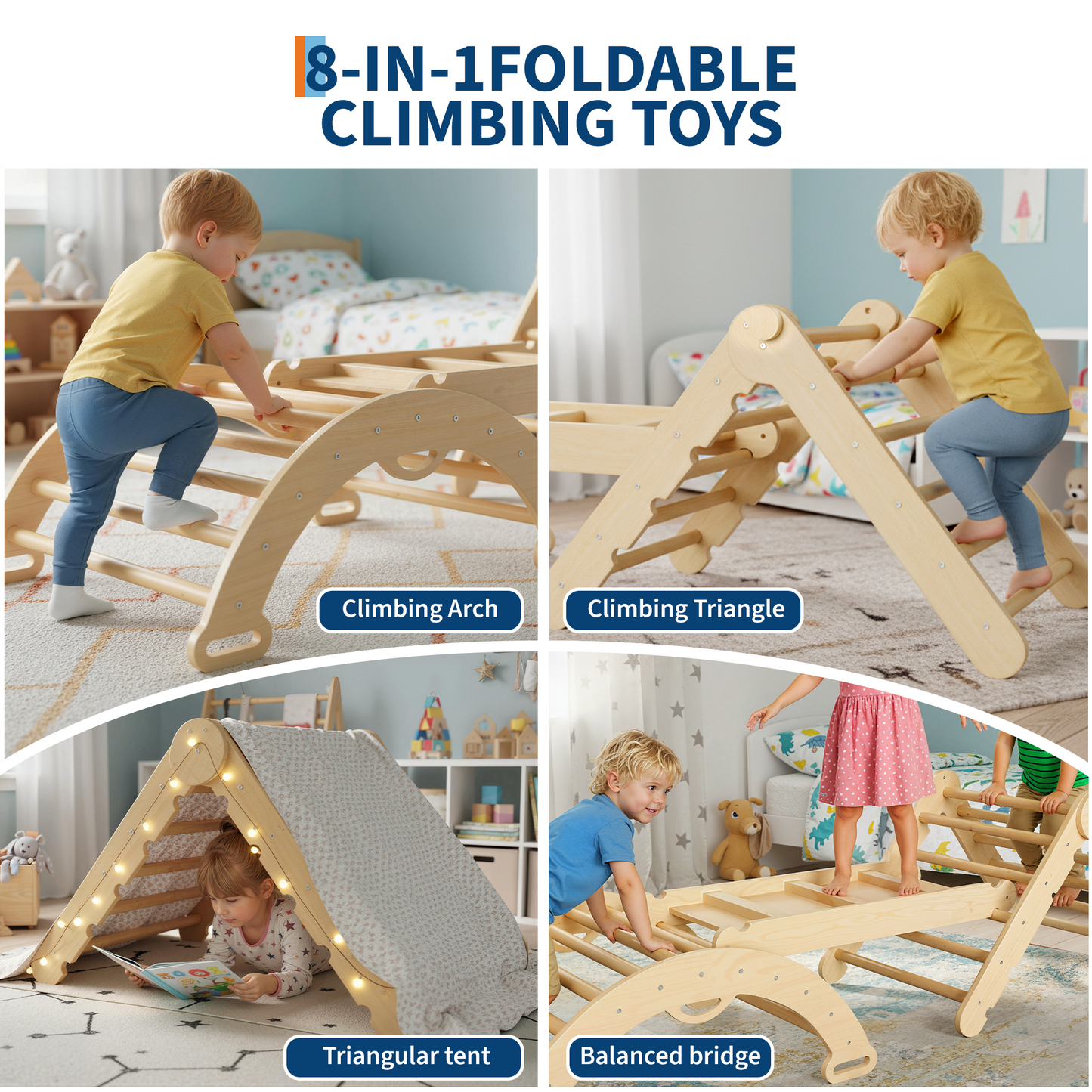 Garvee Pikler Triangle Set, 3-in-1 Toddler Climbing Toys, with Ramp Arch Ladder, Oak