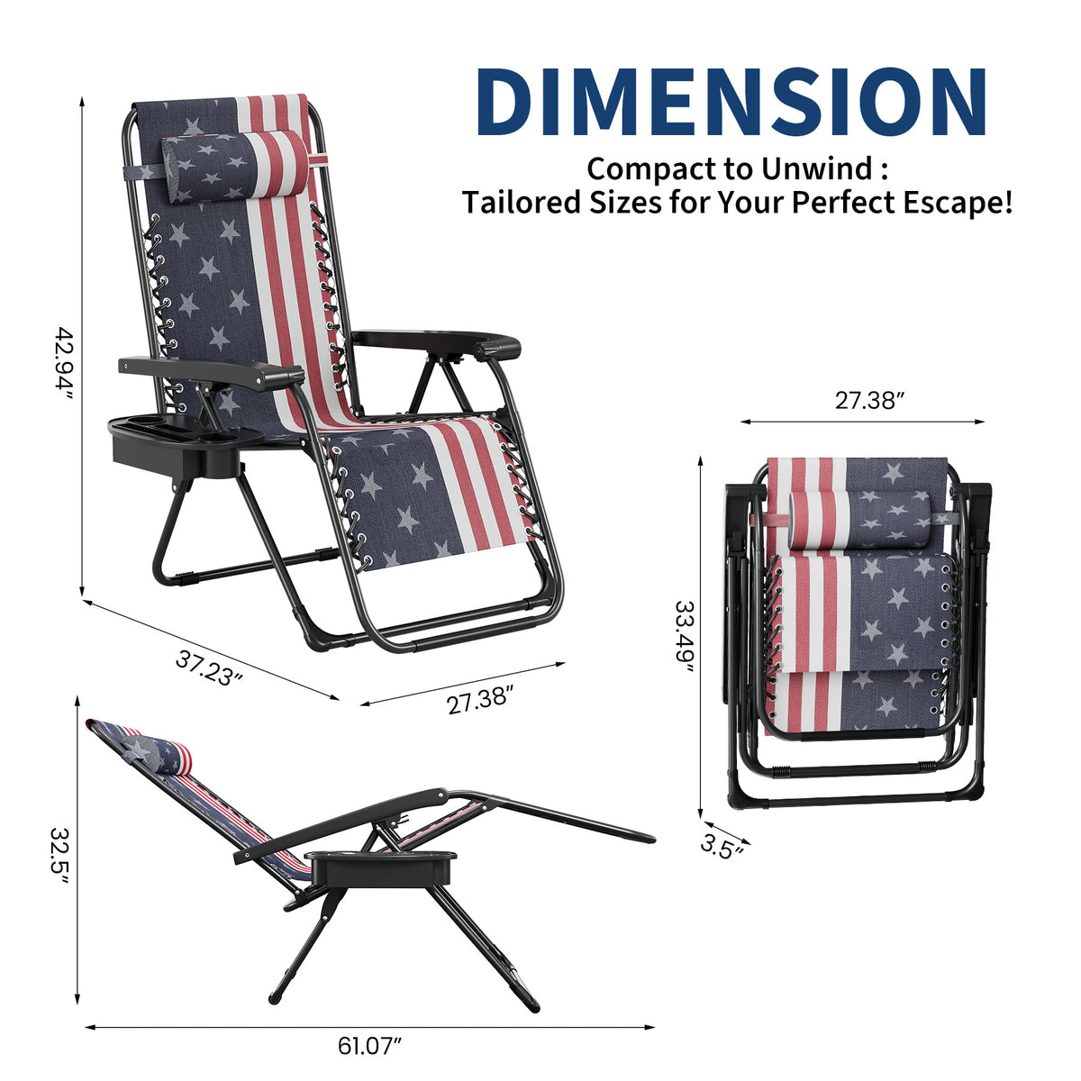 Riedhoff Weather-Resistant Zero-Gravity Chairs with Pillows & Cup Holder Trays -Set of 2, American Flag
