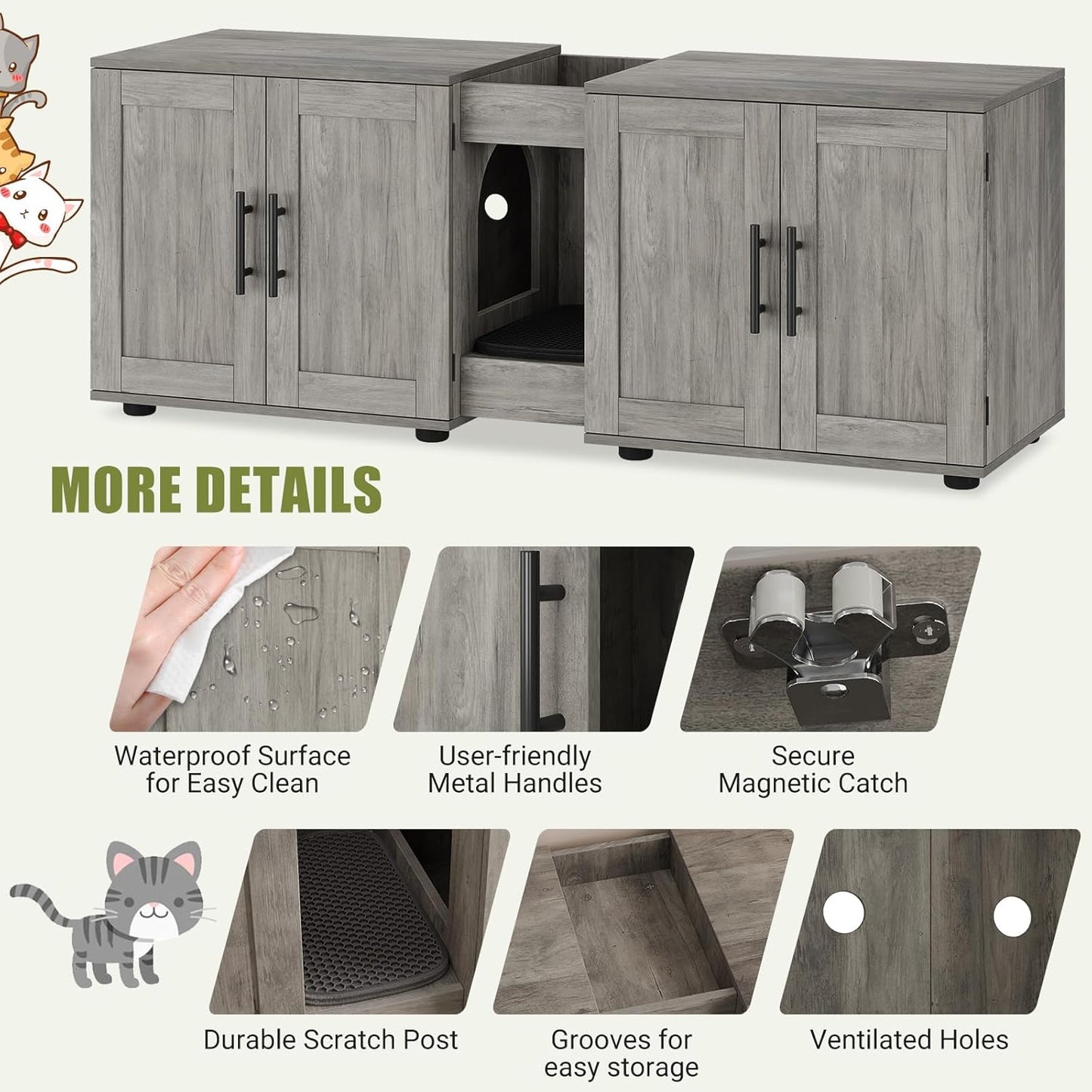 Garvee Litter Box, Enclosure with Double Room, for 2 Cats, 55 x 17.7x 22.5"