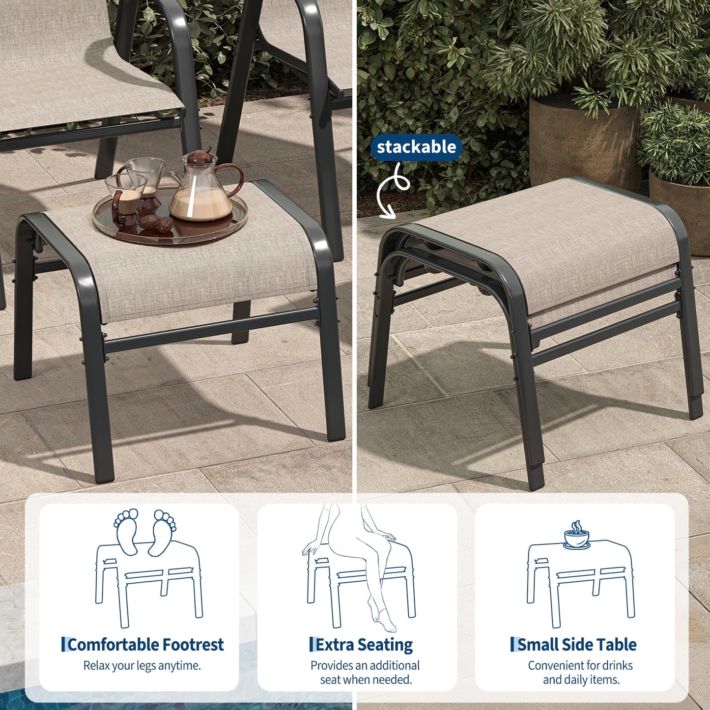 Garvee Stackable Outdoor Ottomans Set of 2,All-Weather Textilene Foot Stool with Metal Frame