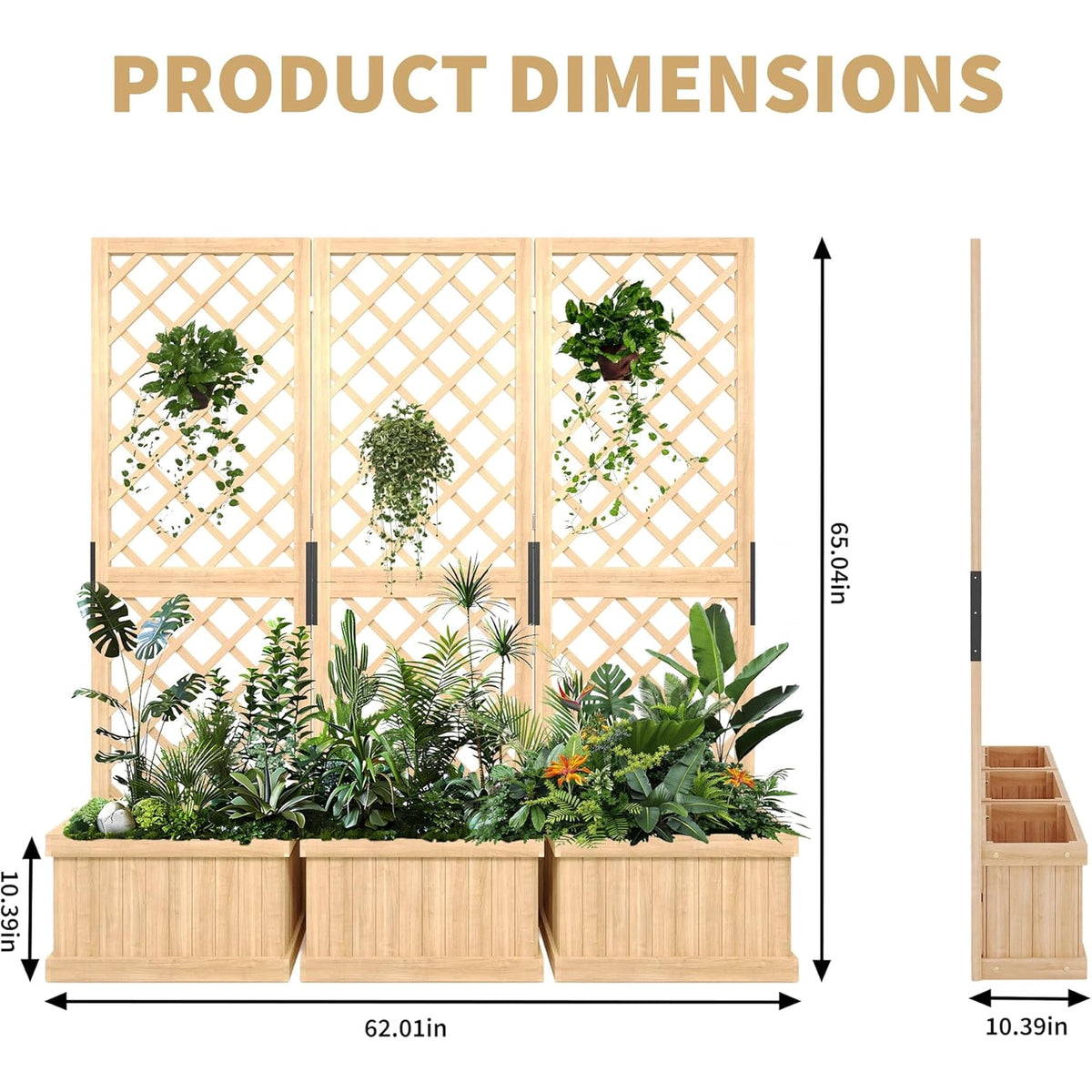 Riedhoff Outdoor Planter Boxes with 3 Privacy Screen, 62 x 10.39 x 65", Drain Holes, Oak