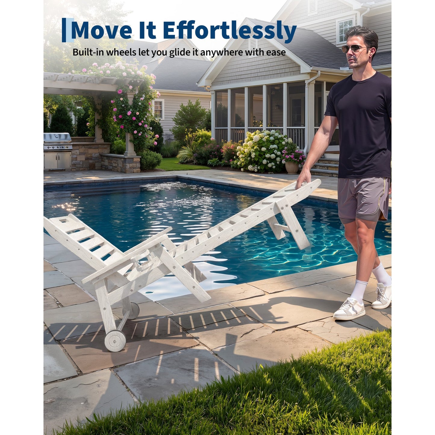 Garvee Outdoor Chaise Lounge 5 Position Adjustable with Rolling Wheels and Cup Holder
