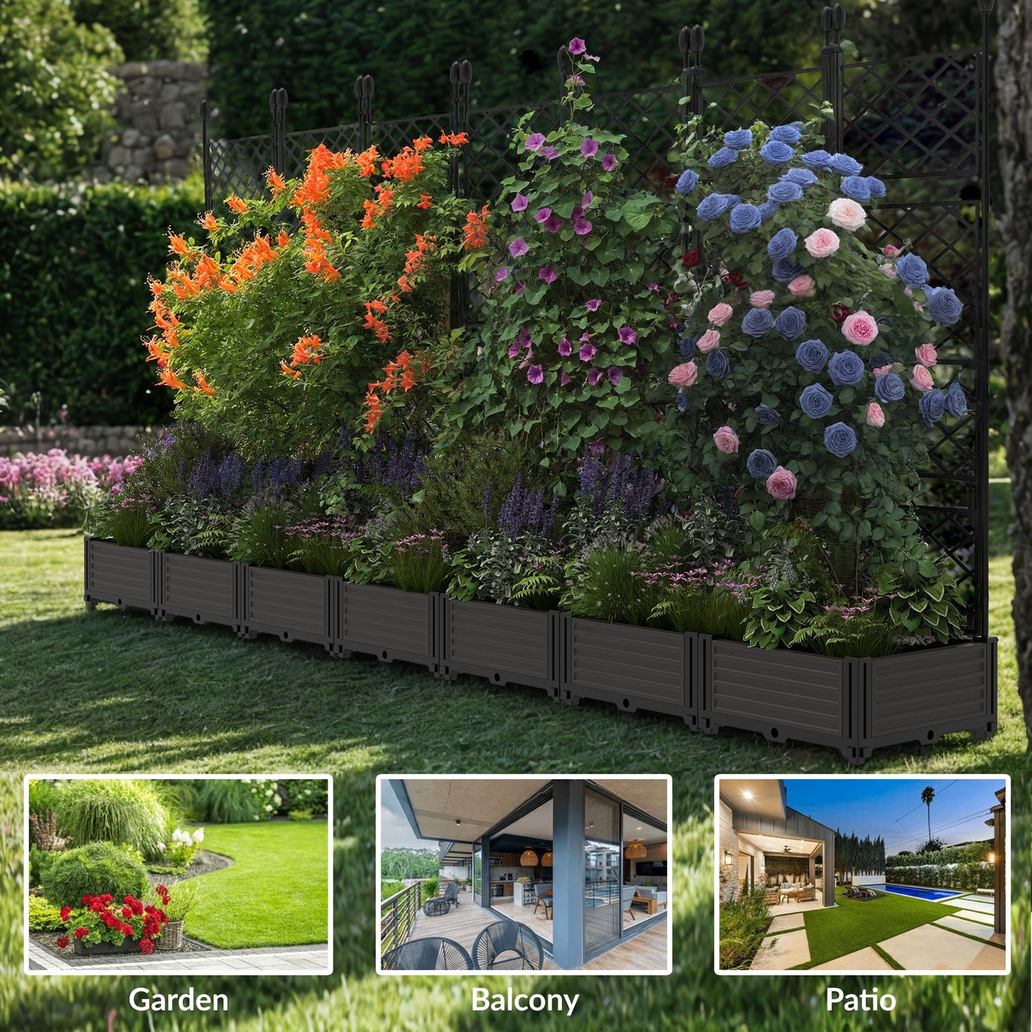 Riedhoff Planter Boxes Set with Trellises, 7 Planter Boxes & 7 Trellises, 115.74 x 16.2 x 62.99"