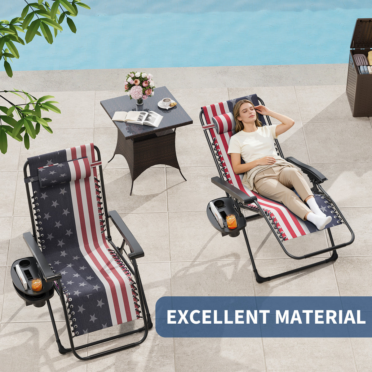 Riedhoff Weather-Resistant Zero-Gravity Chairs with Pillows & Cup Holder Trays -Set of 2, American Flag