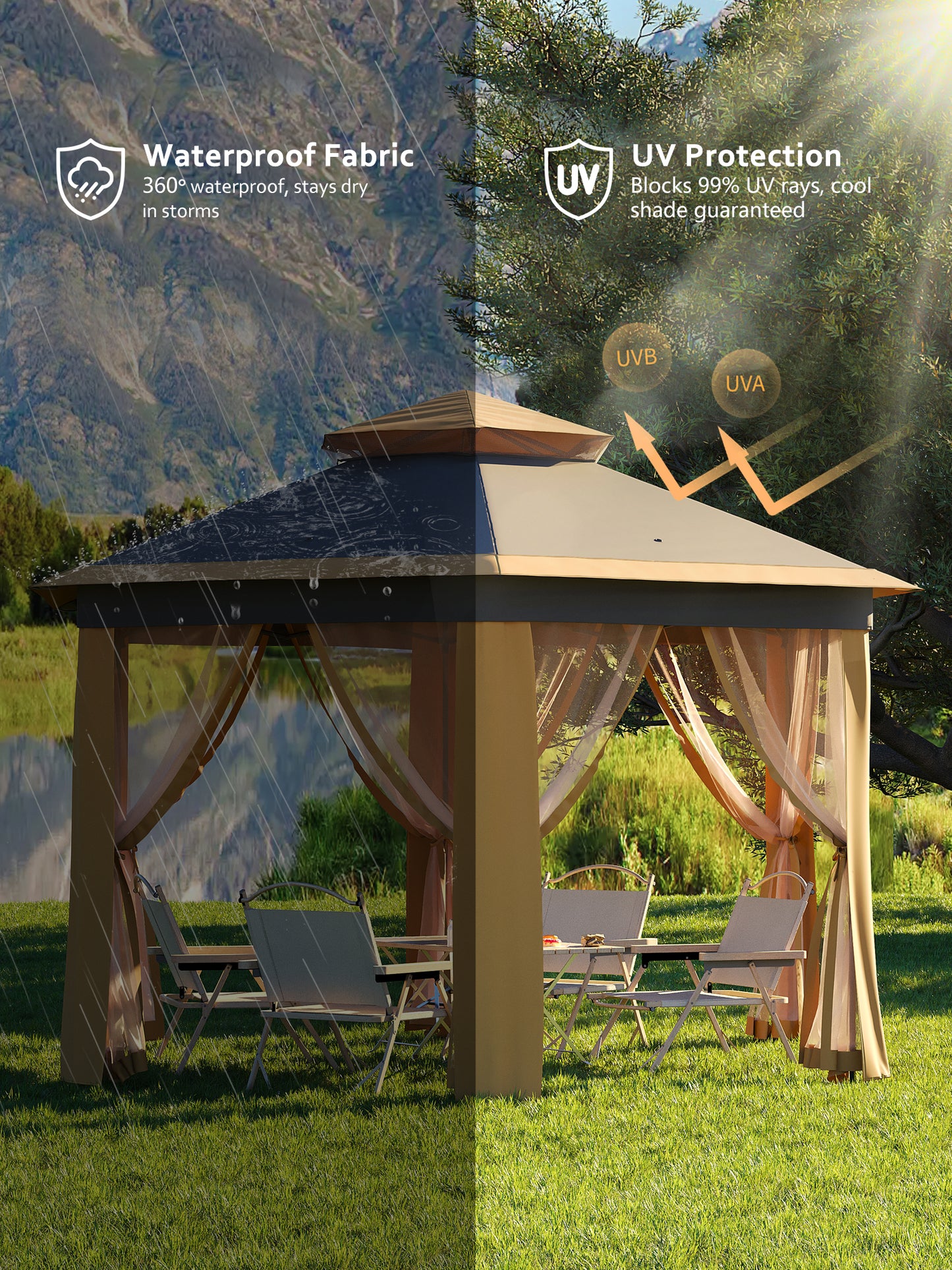 Garvee 79.5" Pop up Gazebo, Adjustable Height with Mosquito Net, Double-Layer