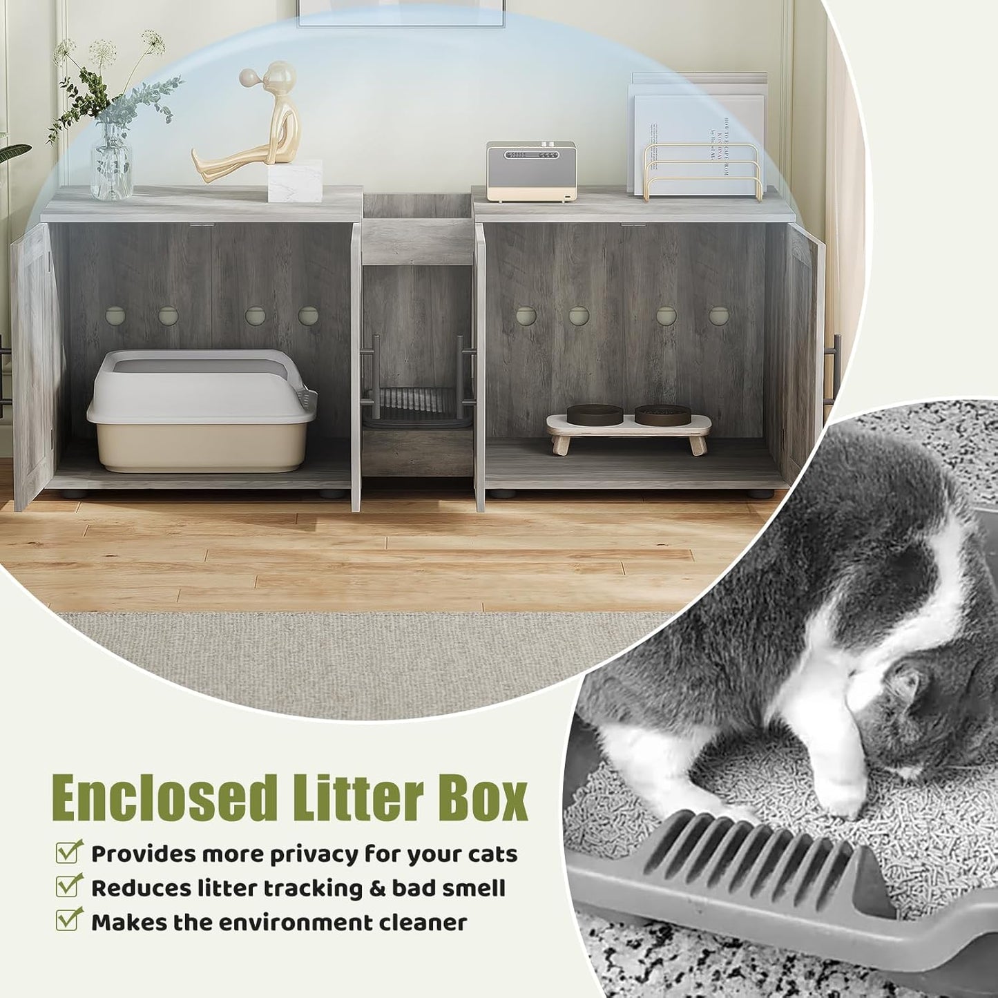Garvee Litter Box, Enclosure with Double Room, for 2 Cats, 55 x 17.7x 22.5"