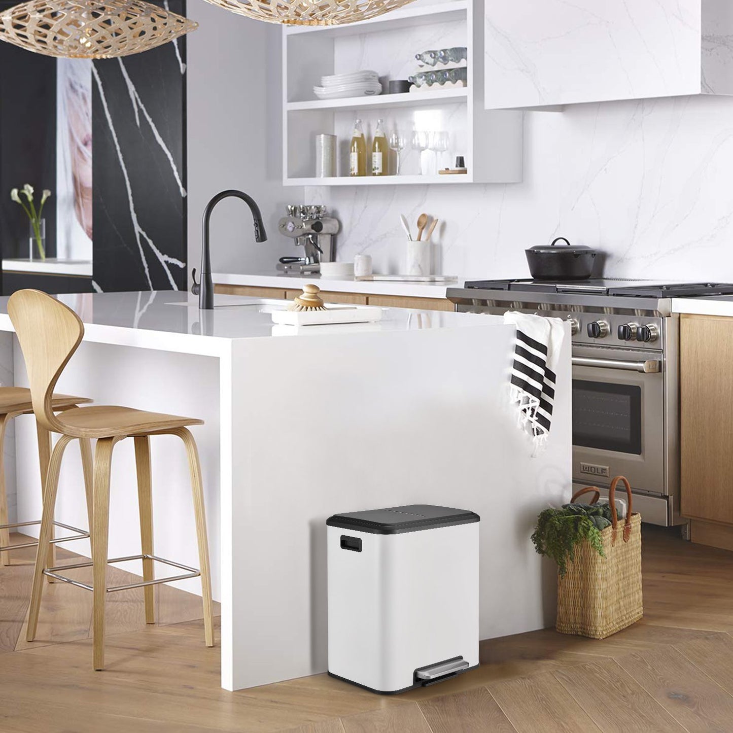 Goldensoil 7.93 Gallon Hands-Free Trash Can, Dual Compartment, with Soft-Close Lid, 2 Inner Buckets, White