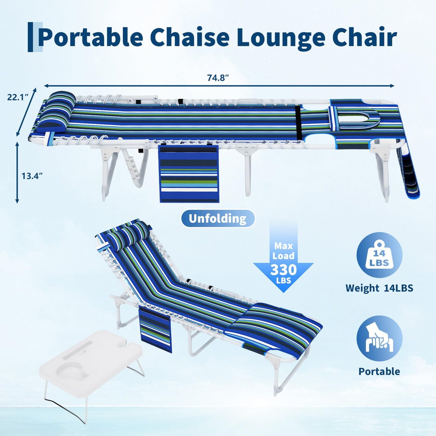 Garvee Sun Tanning Chair, Folding Chaise Lounge Chairs with Table