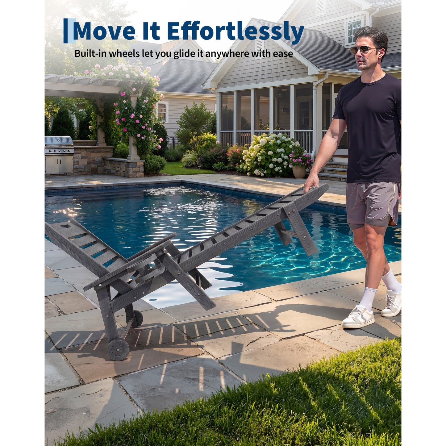 Garvee Outdoor Chaise Lounge 5 Position Adjustable with Rolling Wheels and Cup Holder