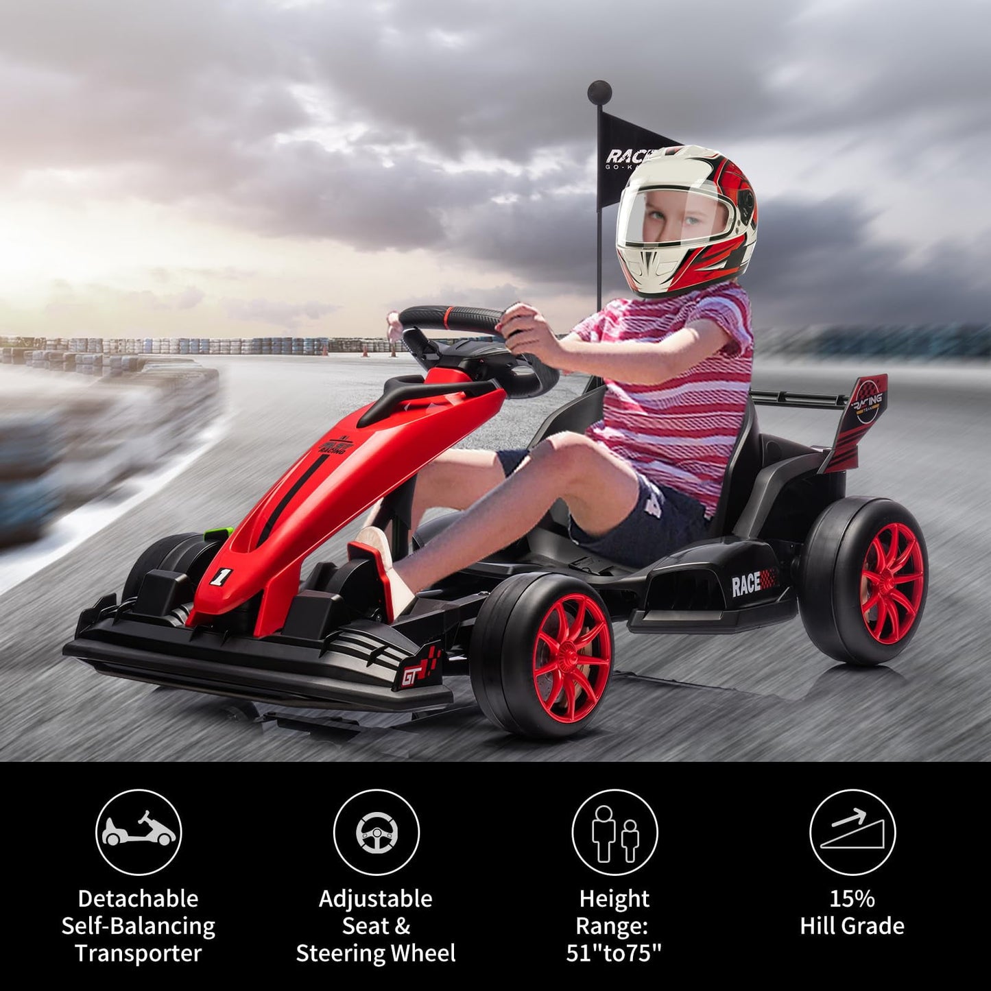 Goldensoil Electric Go Kart, 24V Ride On Toy Drifting Car, Height Range Adjustment 51"to75"