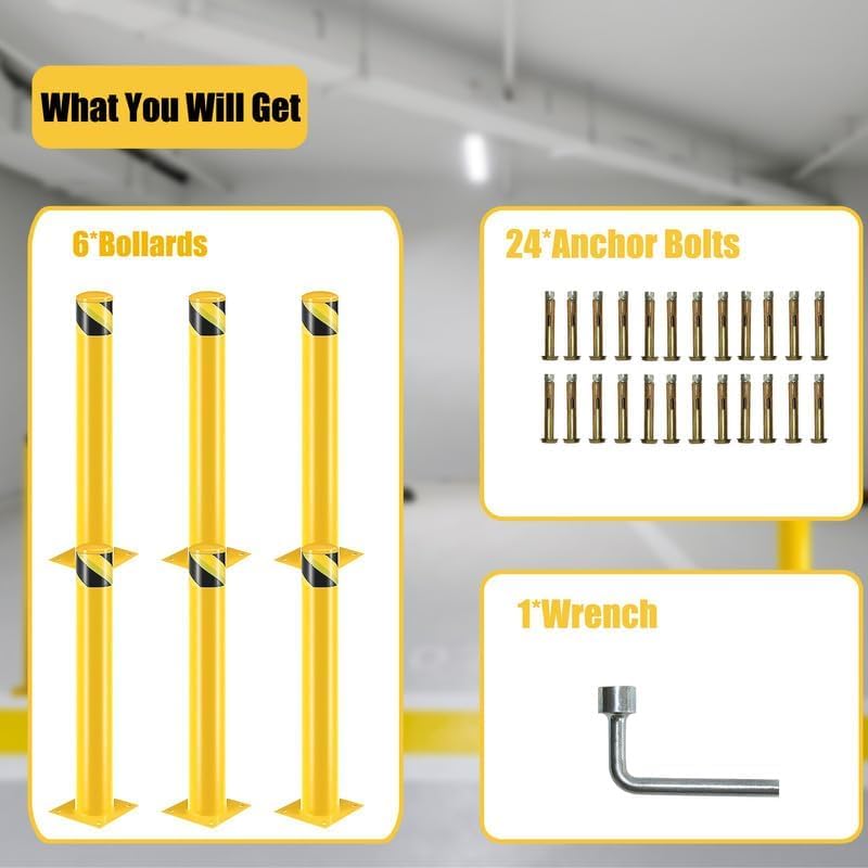 Garvee Safety Bollard 6 Packs, 48" High Heavy-Duty, 4.5" Diameter, with 24 Anchor Bolts -Yellow