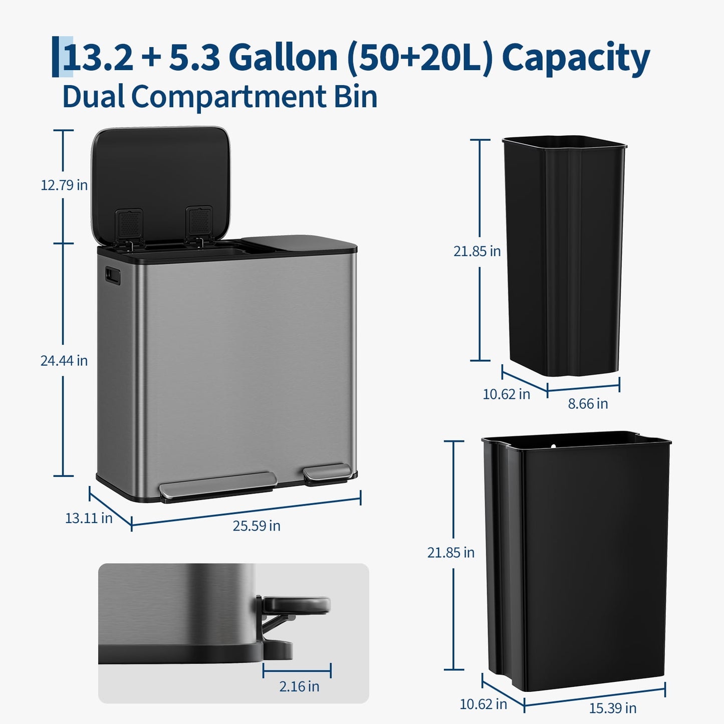 Garvee 13.2+5.3 Gallon Large Stainless Steel Dual Compartment Step-on Kitchen Trash Can