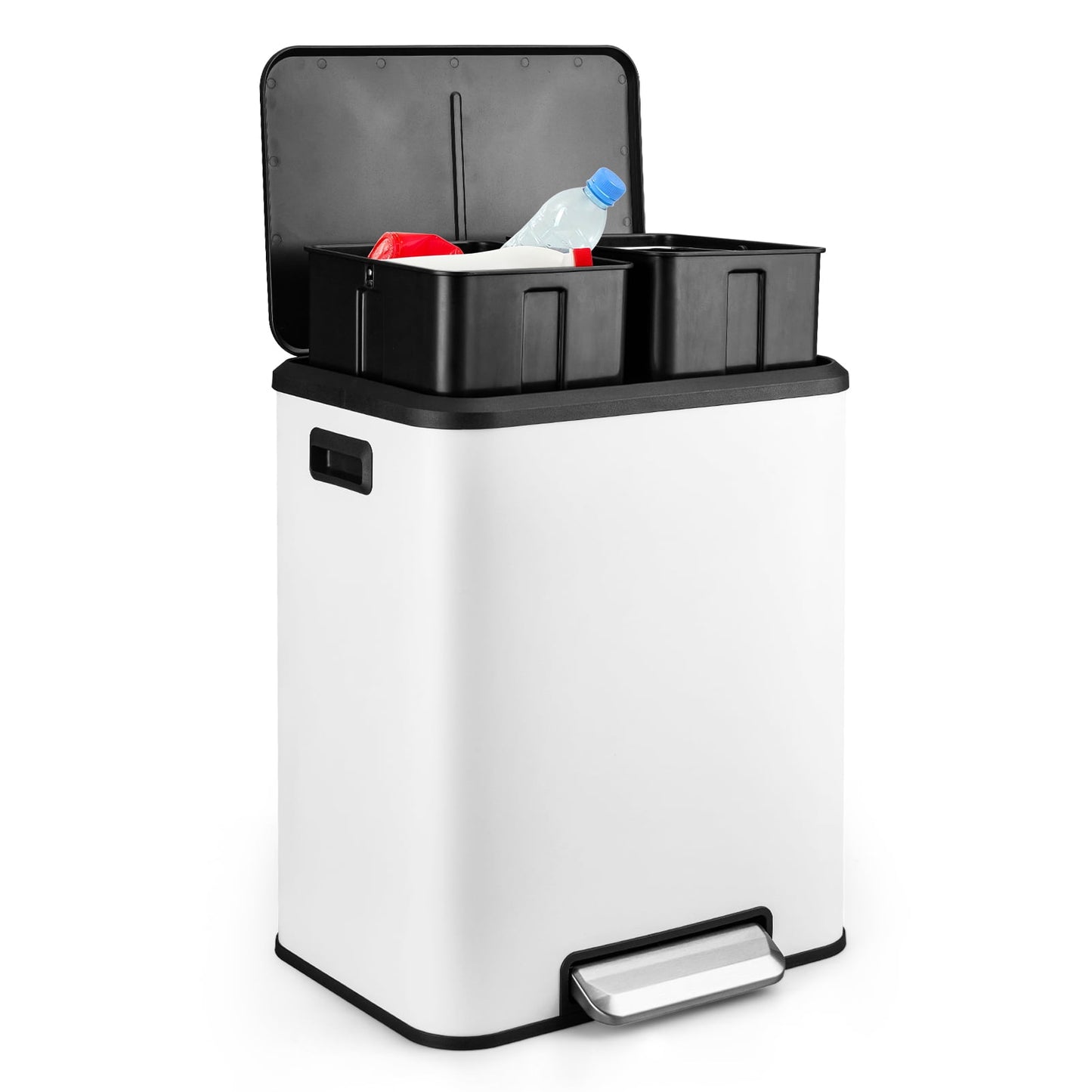 Goldensoil 7.93 Gallon Hands-Free Trash Can, Dual Compartment, with Soft-Close Lid, 2 Inner Buckets, White