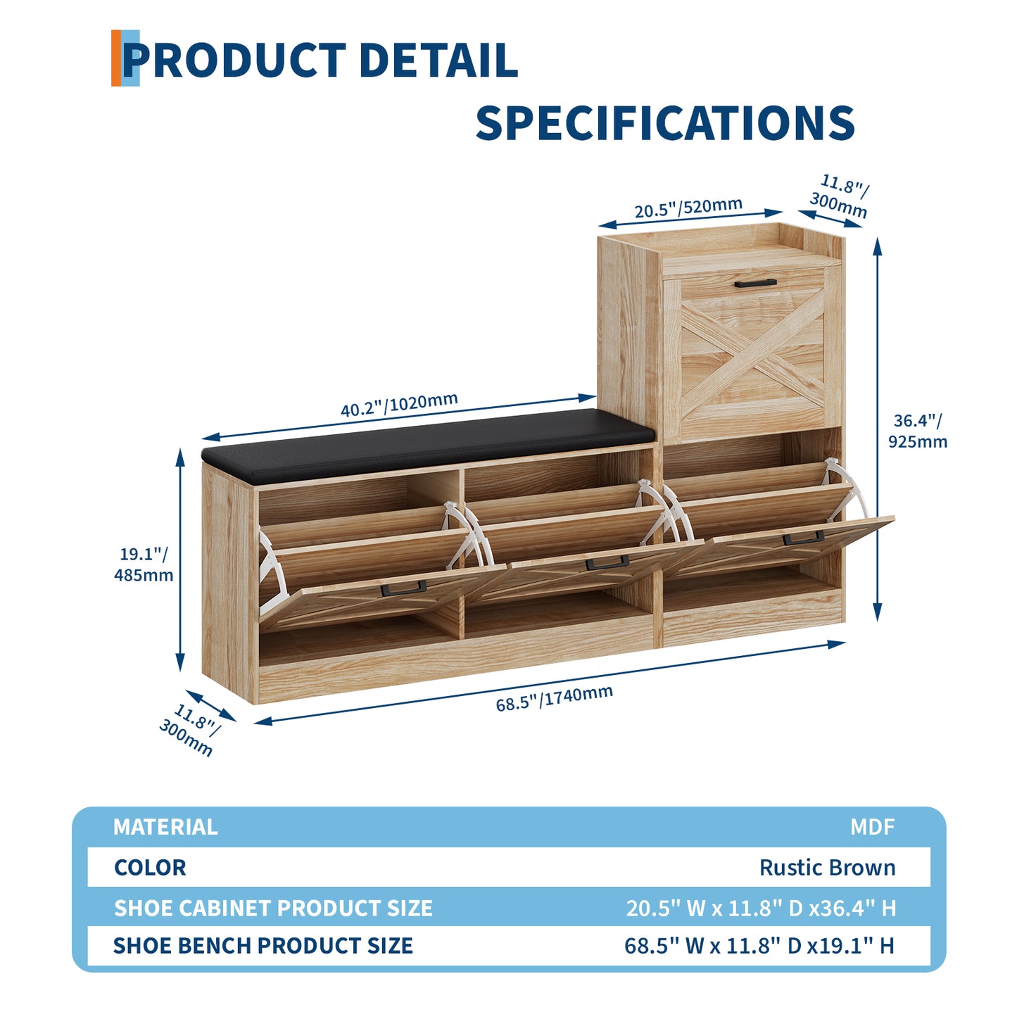 Garvee Shoe Storage Bench, 68.5 x 11.8 x 36.4", with 4 Flip Drawers & Padded Seat Cushion, Oak