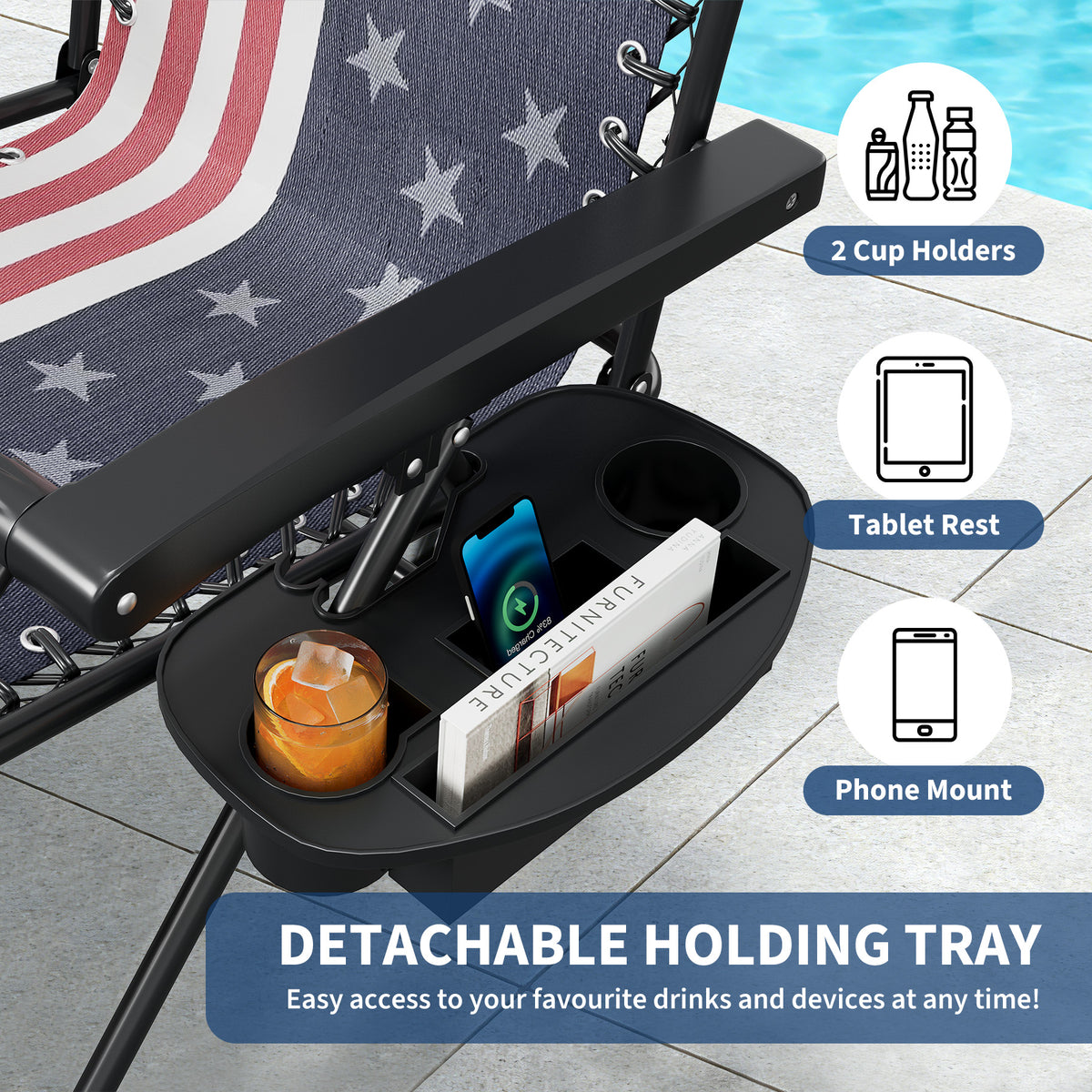 Riedhoff Weather-Resistant Zero-Gravity Chairs with Pillows & Cup Holder Trays -Set of 2, American Flag