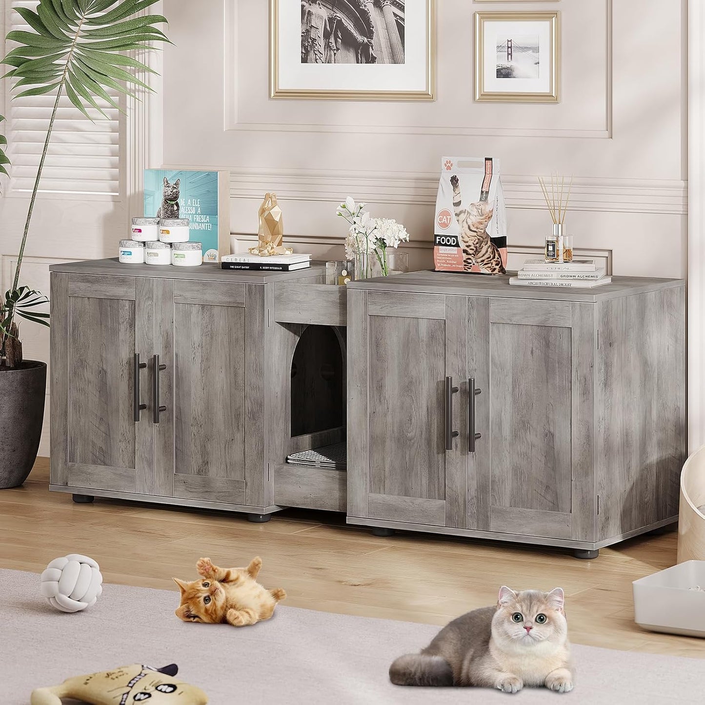 Garvee Litter Box, Enclosure with Double Room, for 2 Cats, 55 x 17.7x 22.5"
