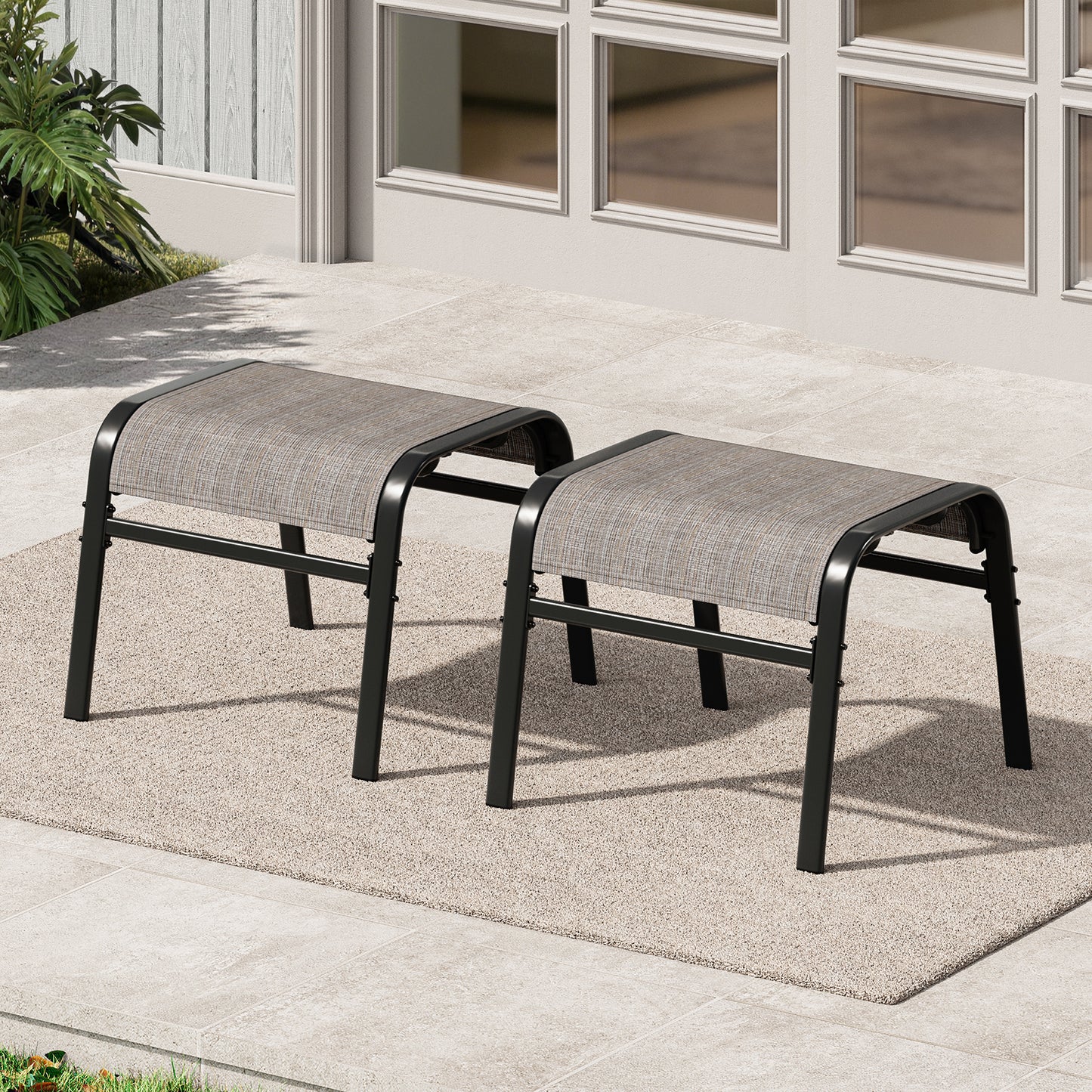 Garvee Stackable Outdoor Ottomans Set of 2,All-Weather Textilene Foot Stool with Metal Frame