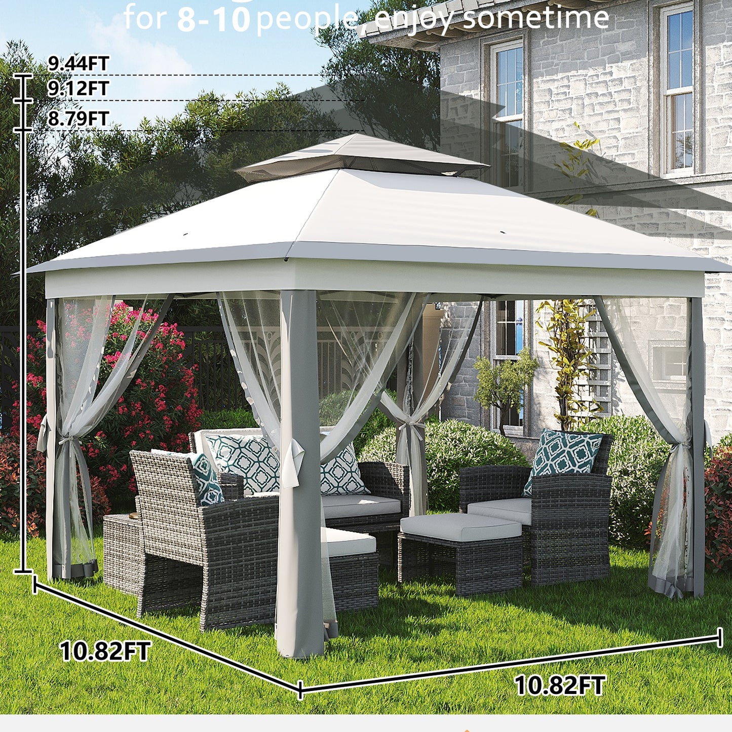 Garvee 10.82 x 10.82' Pop-Up Gazebo Tent, Adjustable Height with Mosquito Netting