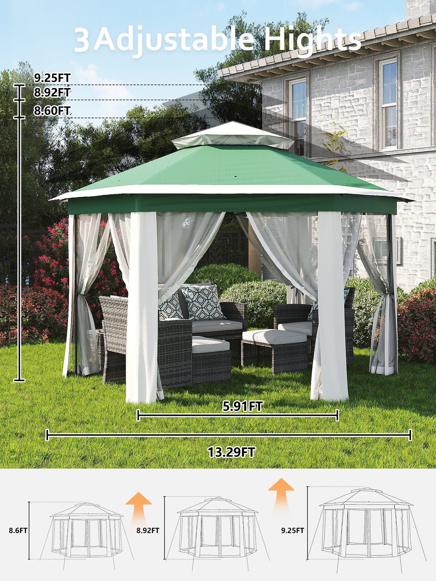 Garvee 13x13 ft Pop Up Gazebo, Hexagonal Instant Tent with Mosquito Netting, Green