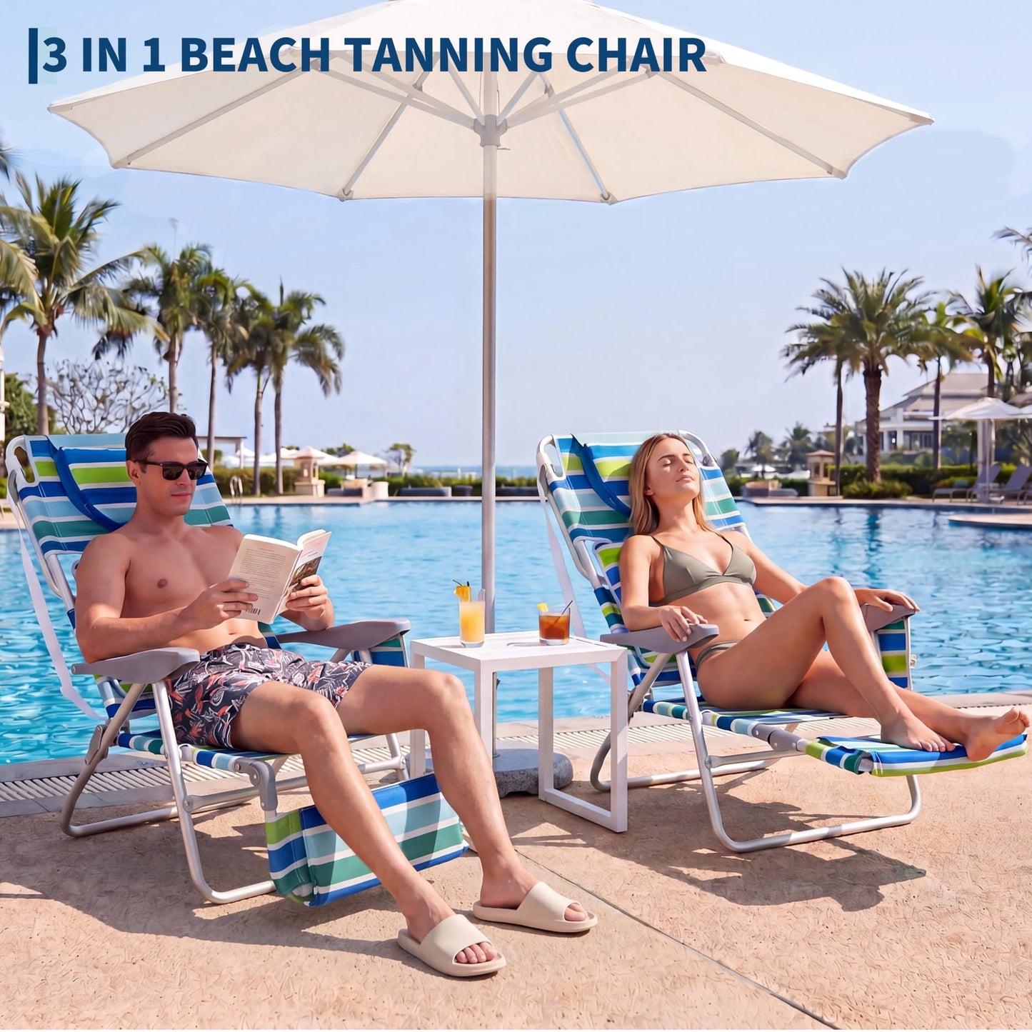 Garvee Folding Beach Reclining Lounge Chair with Footrest, Face Hole,Storage Pocket,Headrest