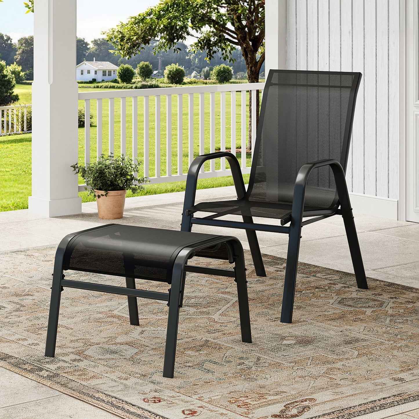 Garvee Stackable Outdoor Ottomans Set of 2,All-Weather Textilene Foot Stool with Metal Frame