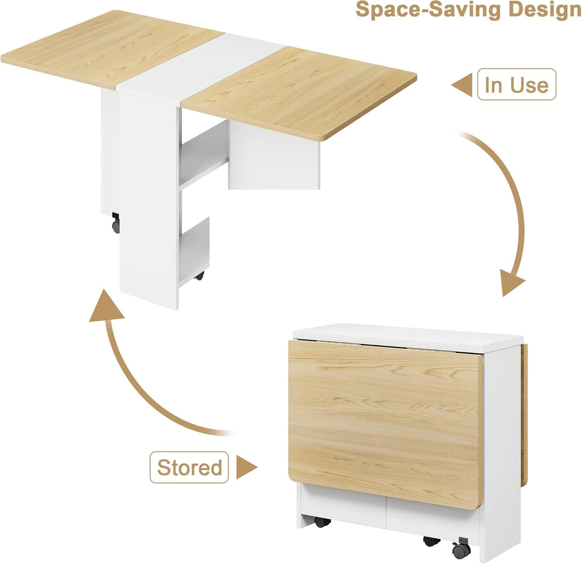 Garvee 47.2" Folding Dining Table, Folding and Expandable, 6 Wheels & 2 Storage Shelf